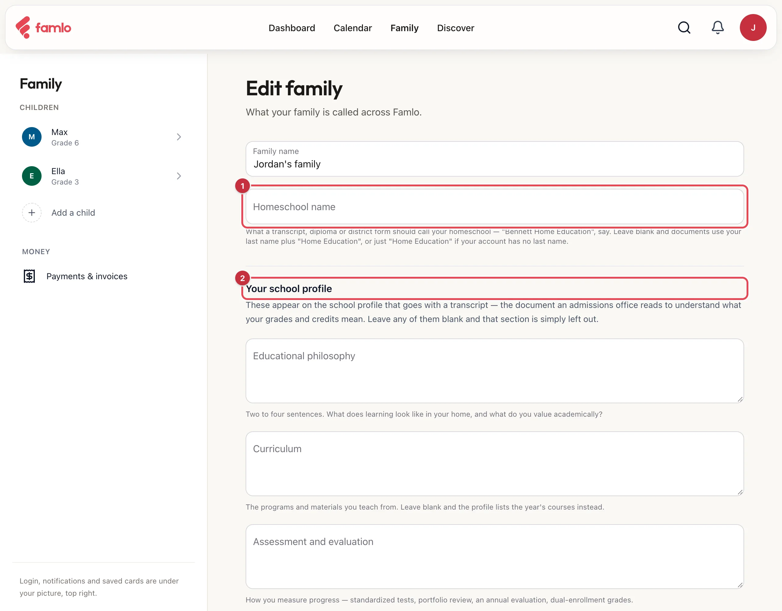 The Edit family page with the Homeschool name field (1) and the Your school profile section (2), followed by Educational philosophy, Curriculum and Assessment and evaluation