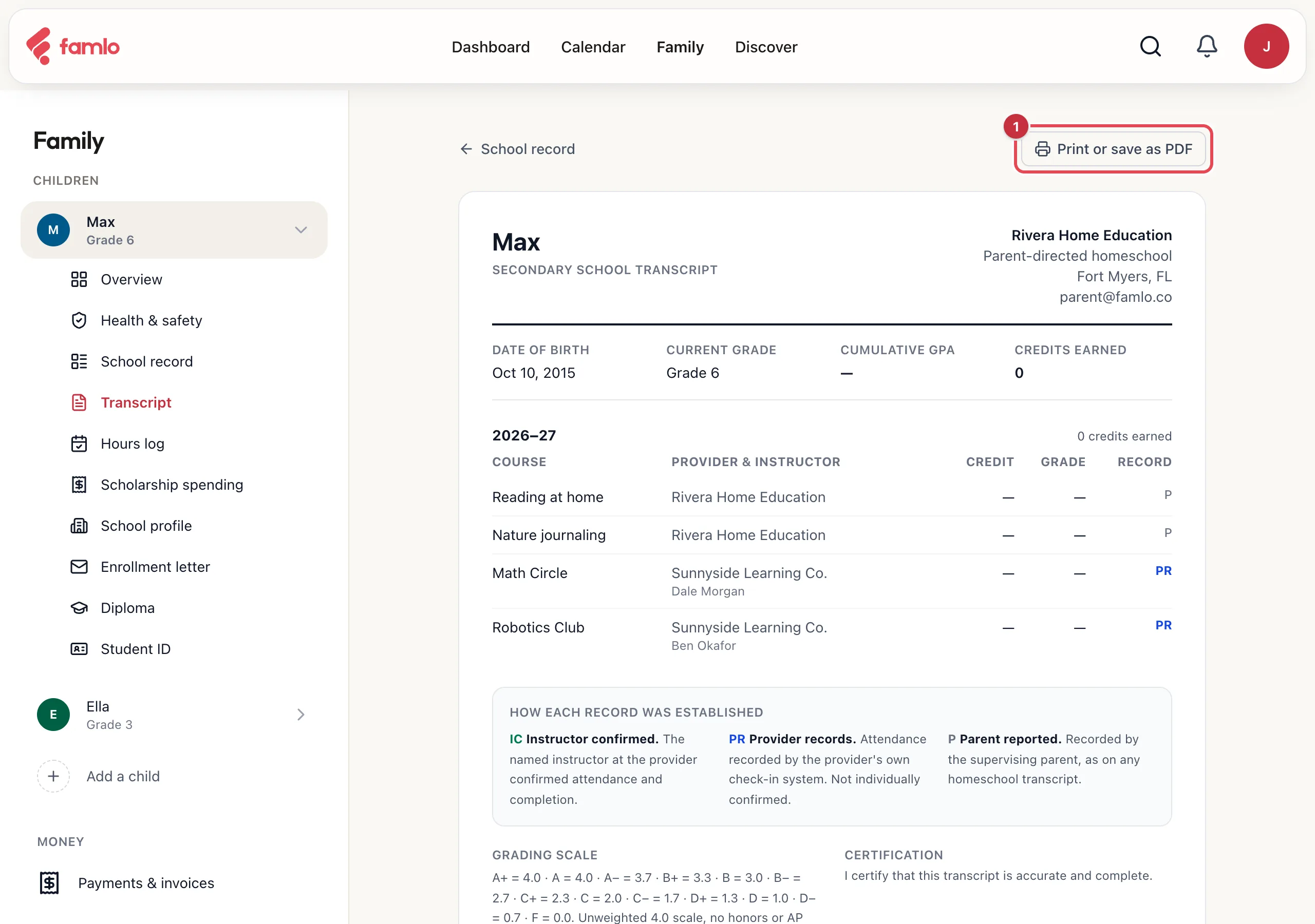 A transcript for Max showing the homeschool name, date of birth, current grade, cumulative GPA, credits earned, the 2026–27 courses with their record codes, and the Print or save as PDF button (1)