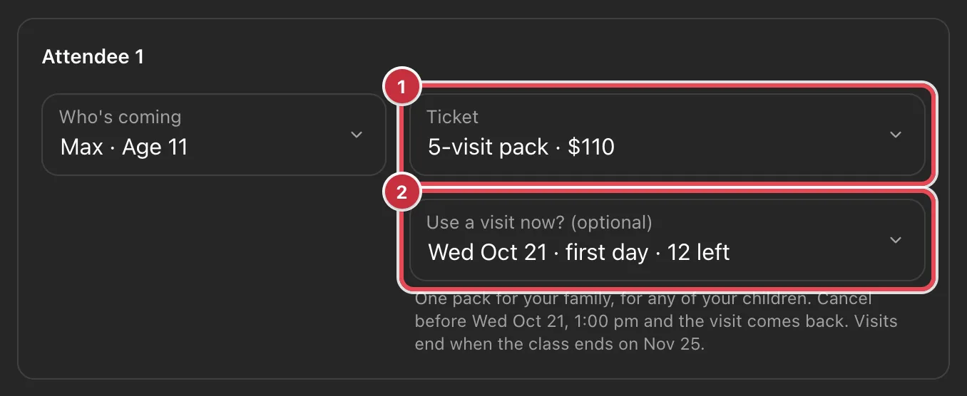 An attendee card at checkout with the Ticket field set to 5-visit pack and the Use a visit now? (optional) field set to Wed Oct 21, first day, 12 left, above a note about the pack