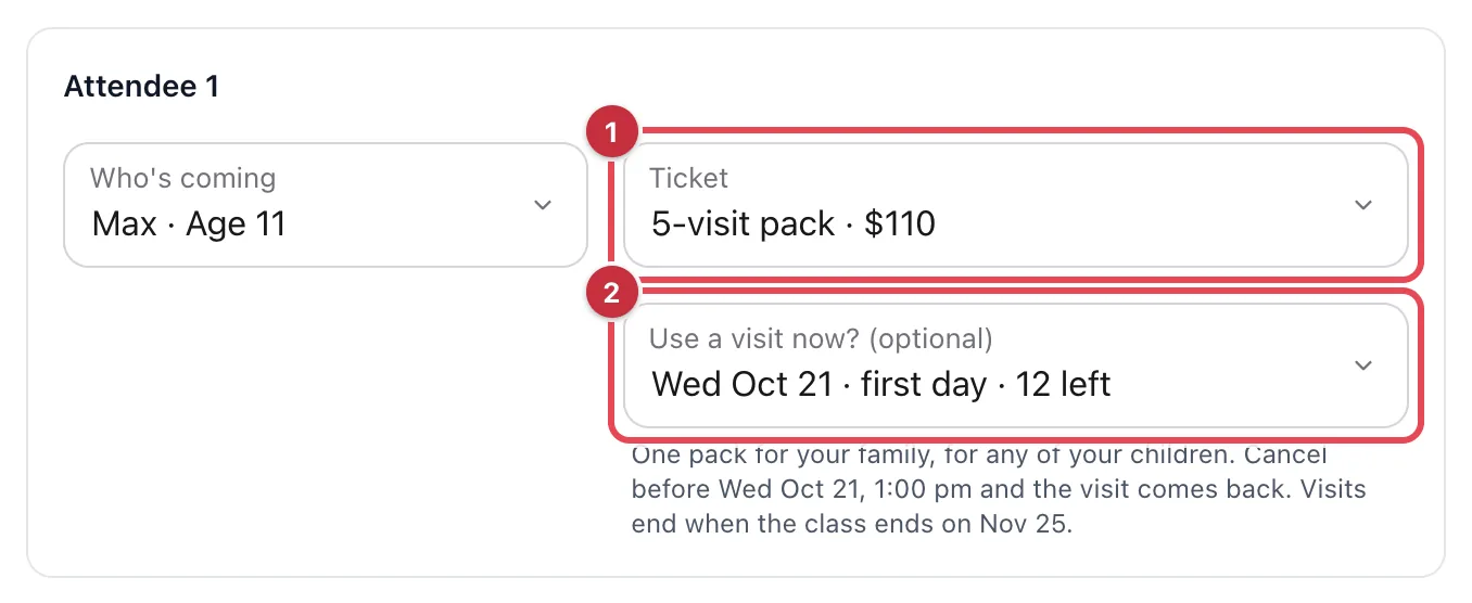 An attendee card at checkout with the Ticket field set to 5-visit pack and the Use a visit now? (optional) field set to Wed Oct 21, first day, 12 left, above a note about the pack