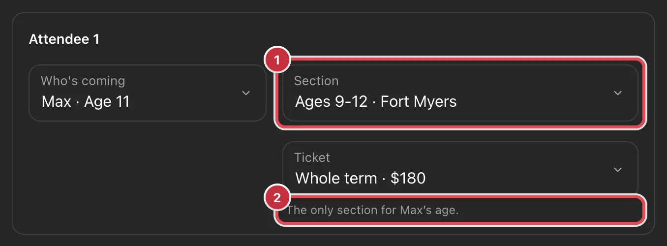 An attendee card at checkout with Max, age 11, in Who's coming, the Section field set to Ages 9-12, the Ticket field, and the note The only section for Max's age