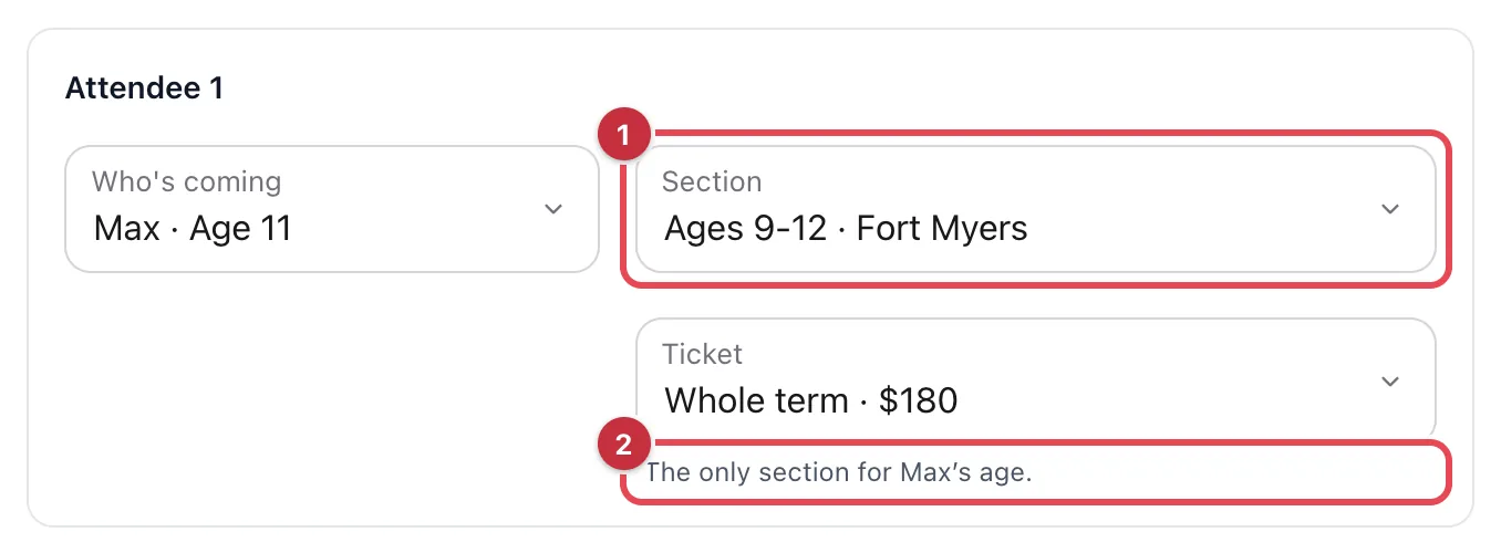 An attendee card at checkout with Max, age 11, in Who's coming, the Section field set to Ages 9-12, the Ticket field, and the note The only section for Max's age