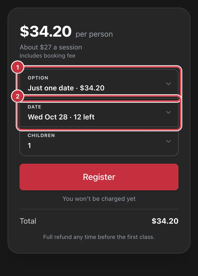 A booking card with Option set to Just one date and the Date field showing Wed Oct 28, 12 left, above the note Other option: Whole term and Coming to 6 or more Wednesdays? The whole term is cheaper