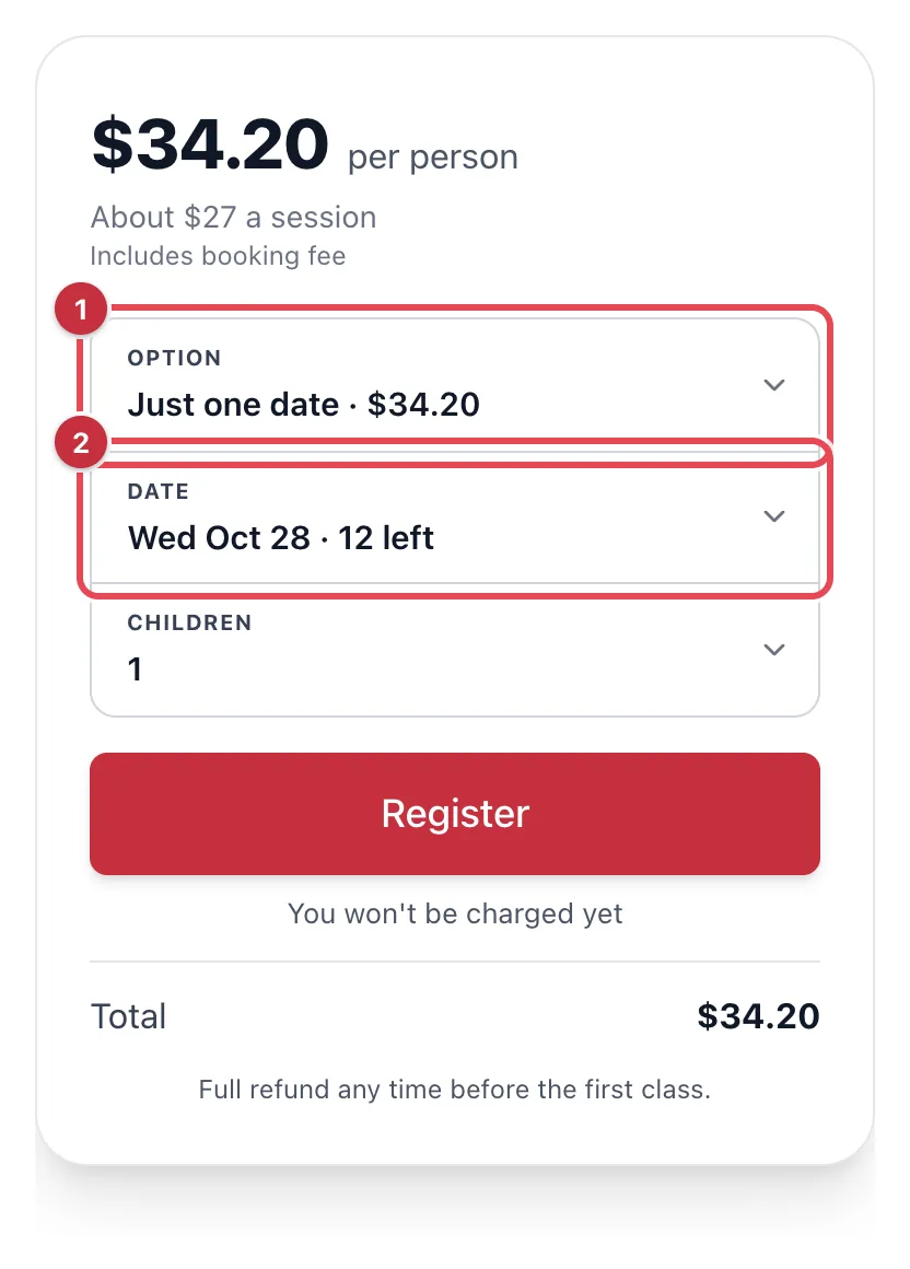 A booking card with Option set to Just one date and the Date field showing Wed Oct 28, 12 left, above the note Other option: Whole term and Coming to 6 or more Wednesdays? The whole term is cheaper