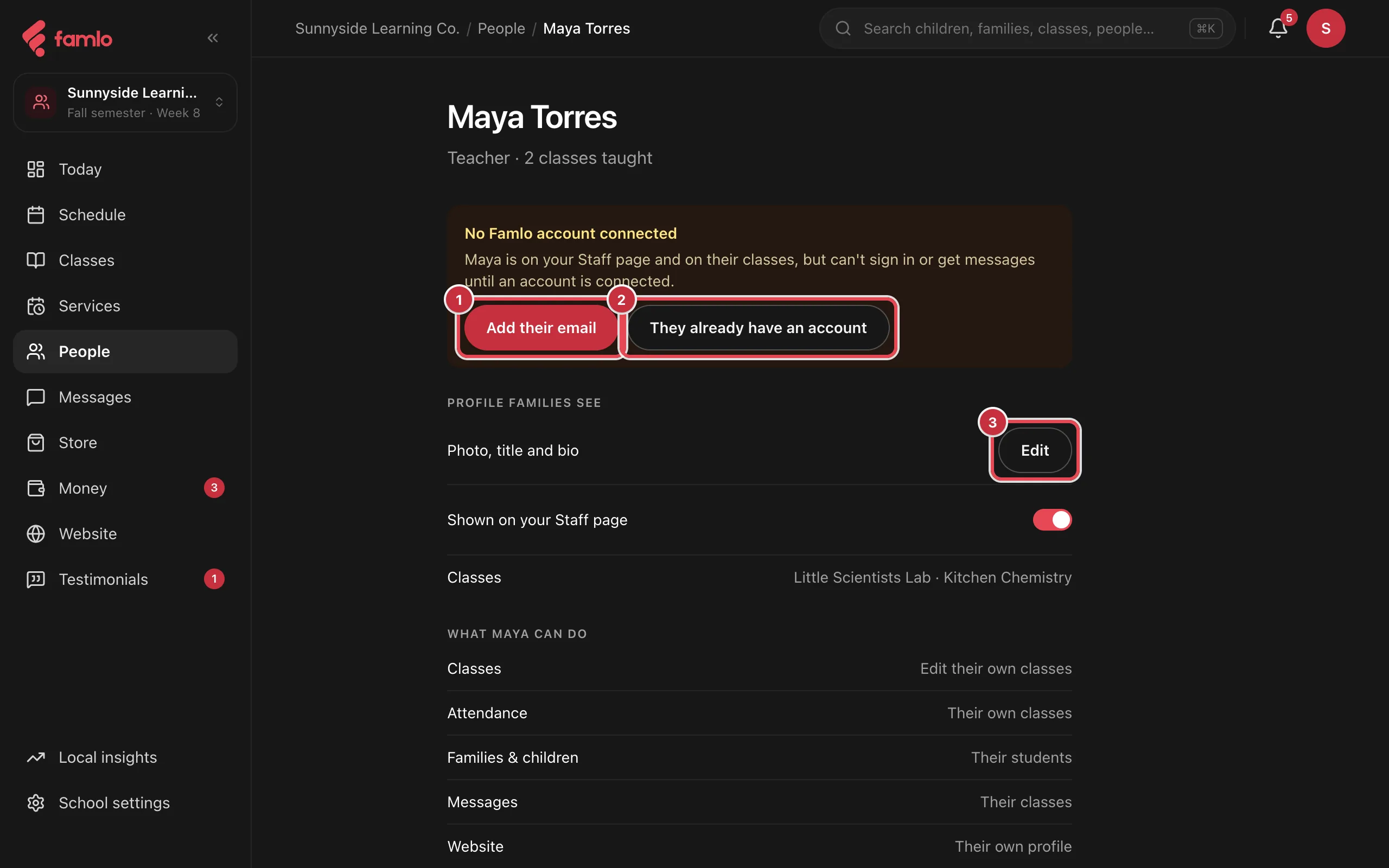 A teacher's panel with Add their email, They already have an account and Edit highlighted