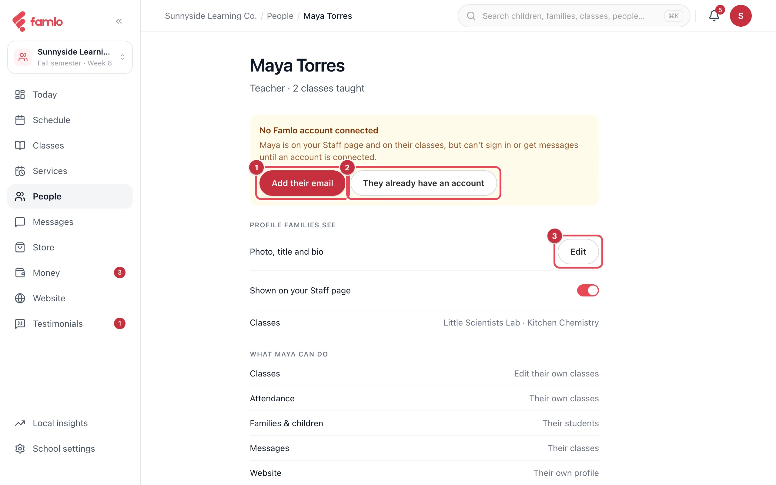 A teacher's panel with Add their email, They already have an account and Edit highlighted
