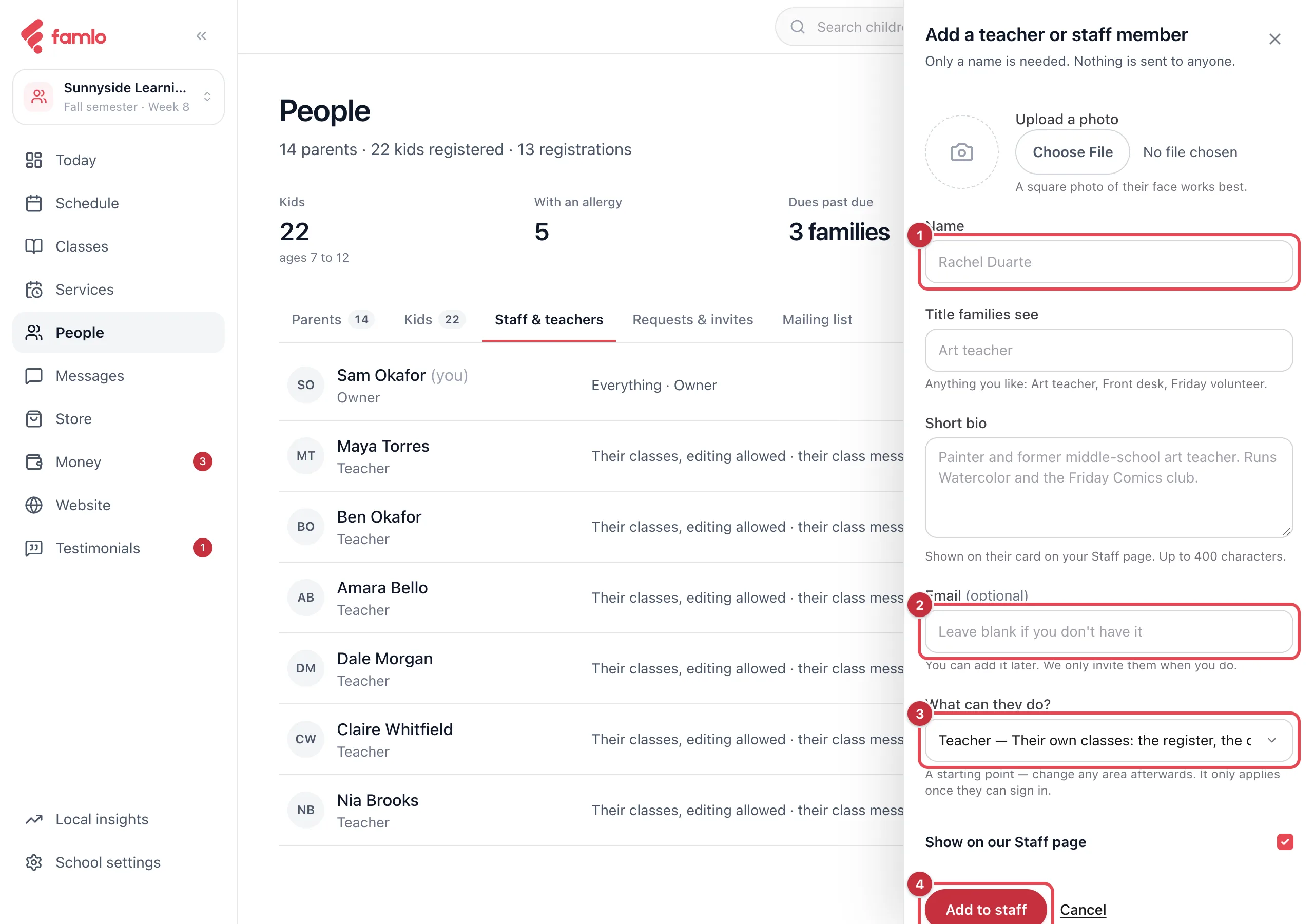The Add a teacher or staff member panel with the Name, Email, What can they do and Add to staff controls highlighted