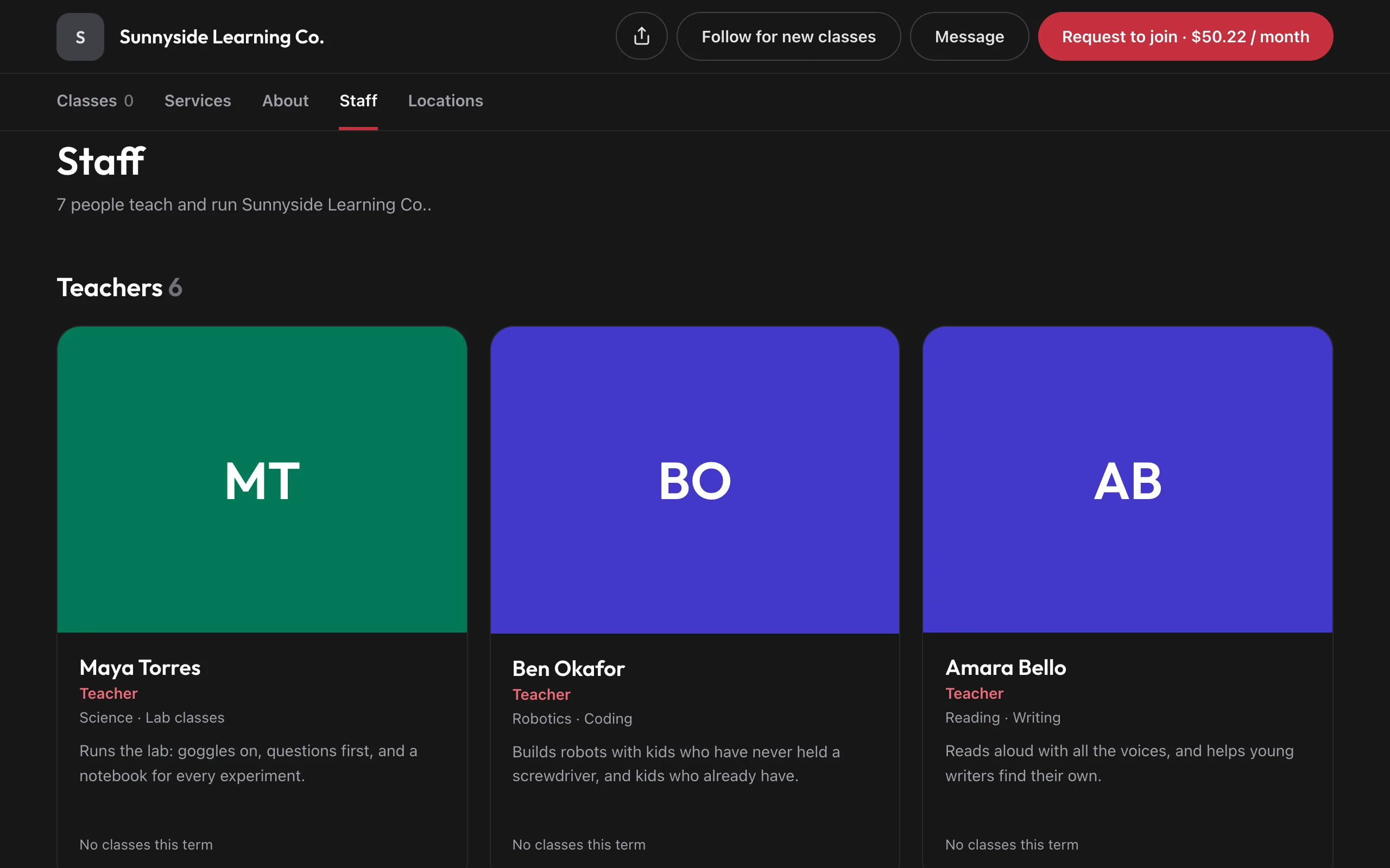A public Staff page with teacher cards showing name, title, subjects and bio