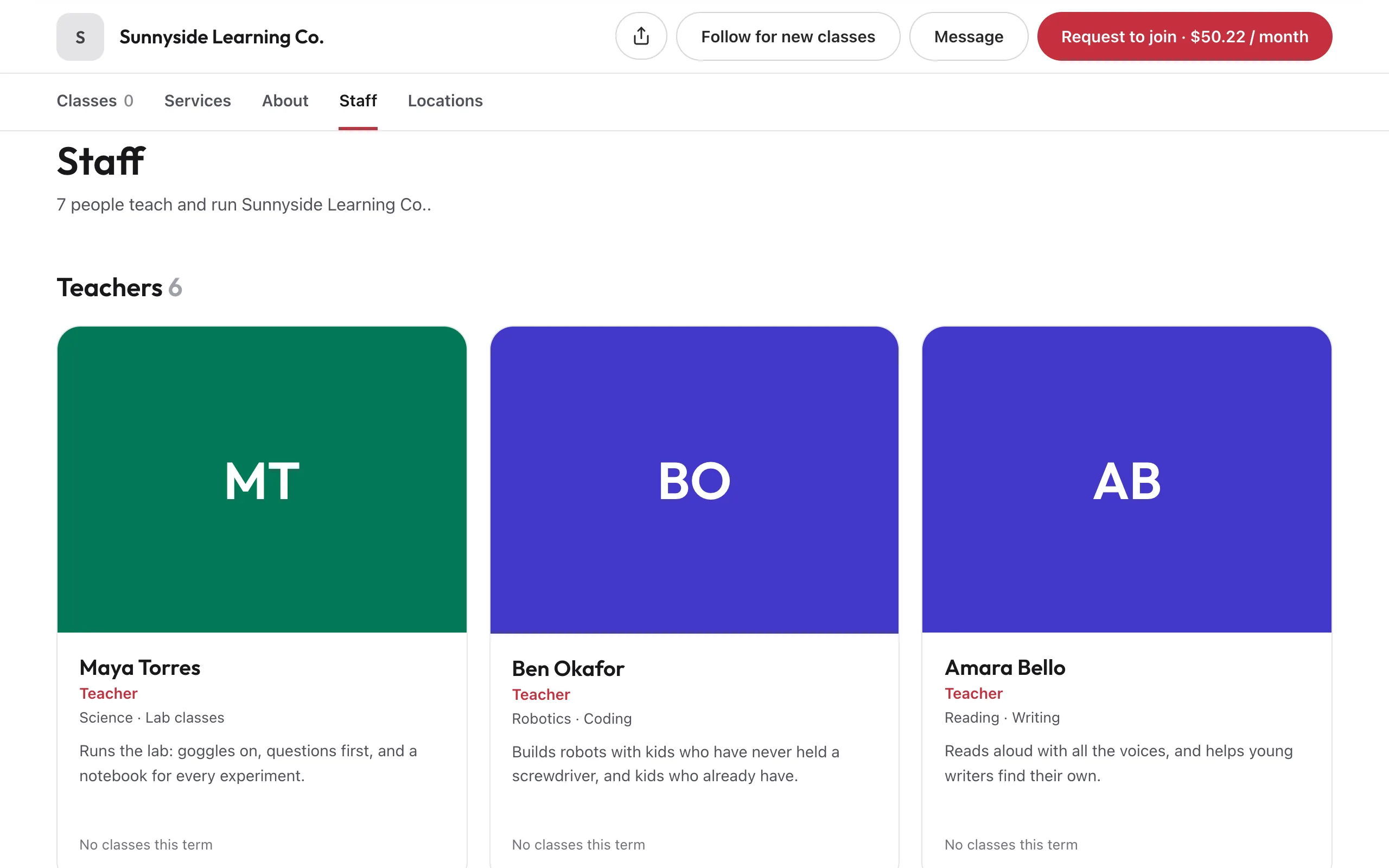 A public Staff page with teacher cards showing name, title, subjects and bio