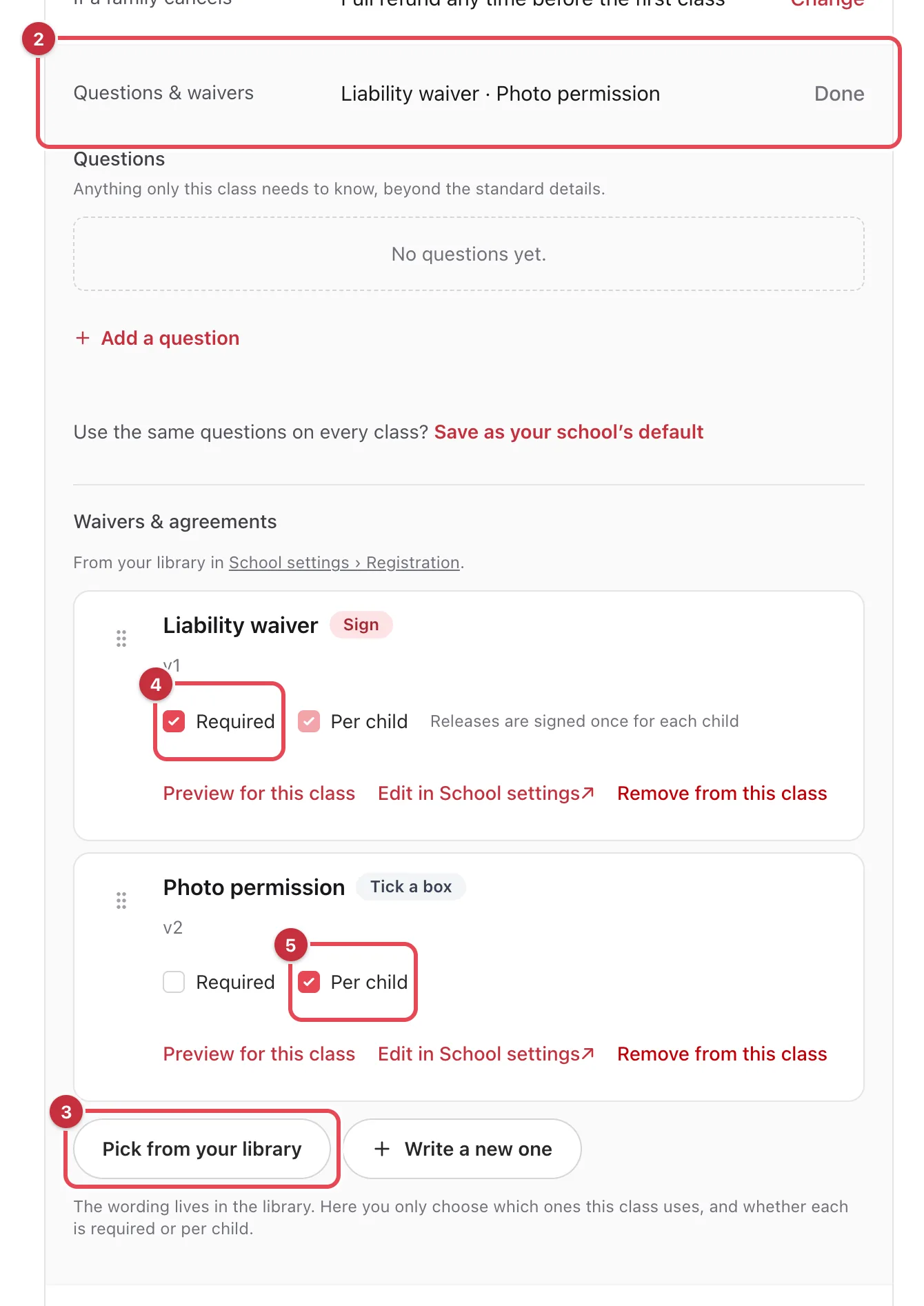 The Questions & waivers row open in the class editor, with a liability waiver and an optional photo permission picked from the library