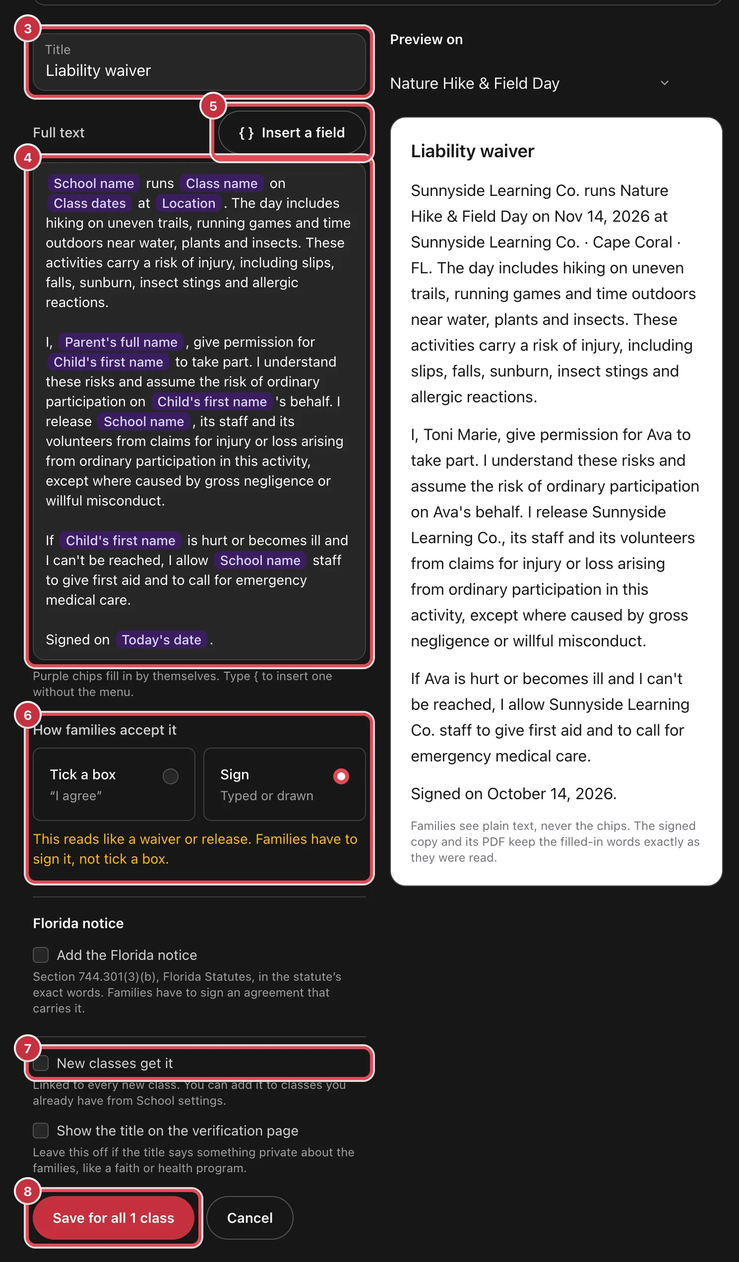The agreement editor for a liability waiver, with fields shown as purple chips in the Full text and a live preview filled in for a class on the right