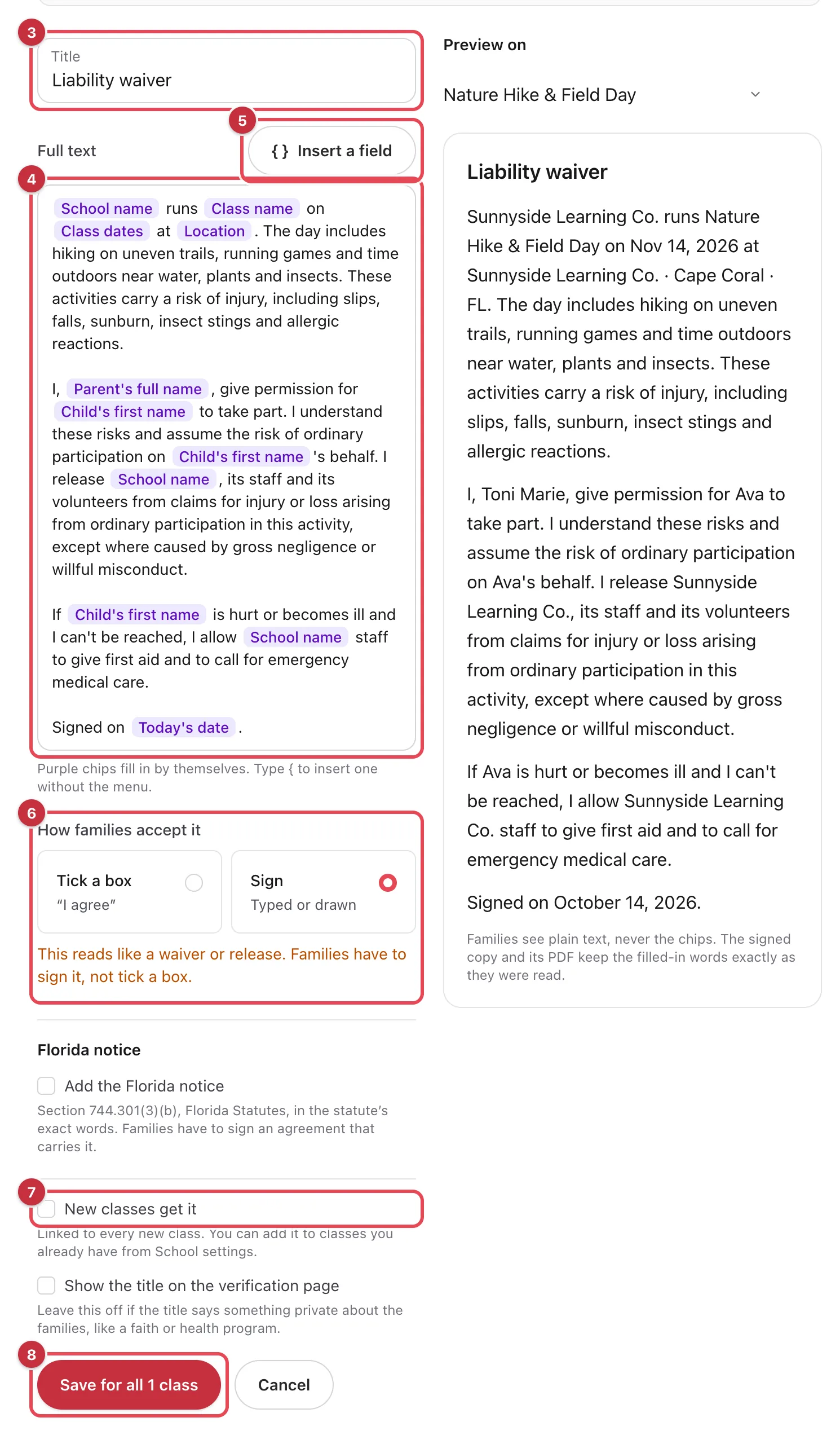 The agreement editor for a liability waiver, with fields shown as purple chips in the Full text and a live preview filled in for a class on the right