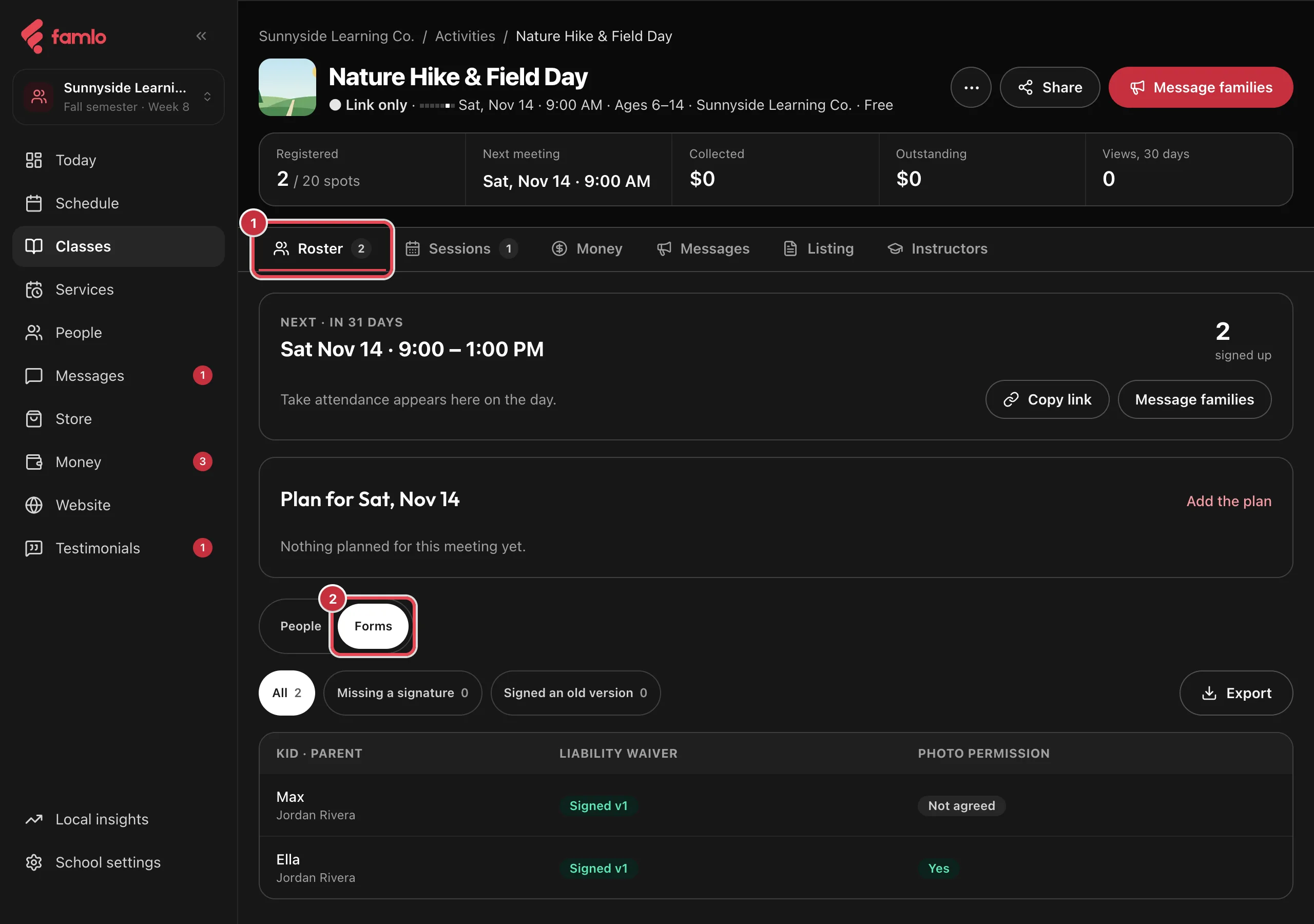 A class's Roster tab in the Forms view, showing two children with Signed v1 for the liability waiver and Yes or Not agreed for the photo permission