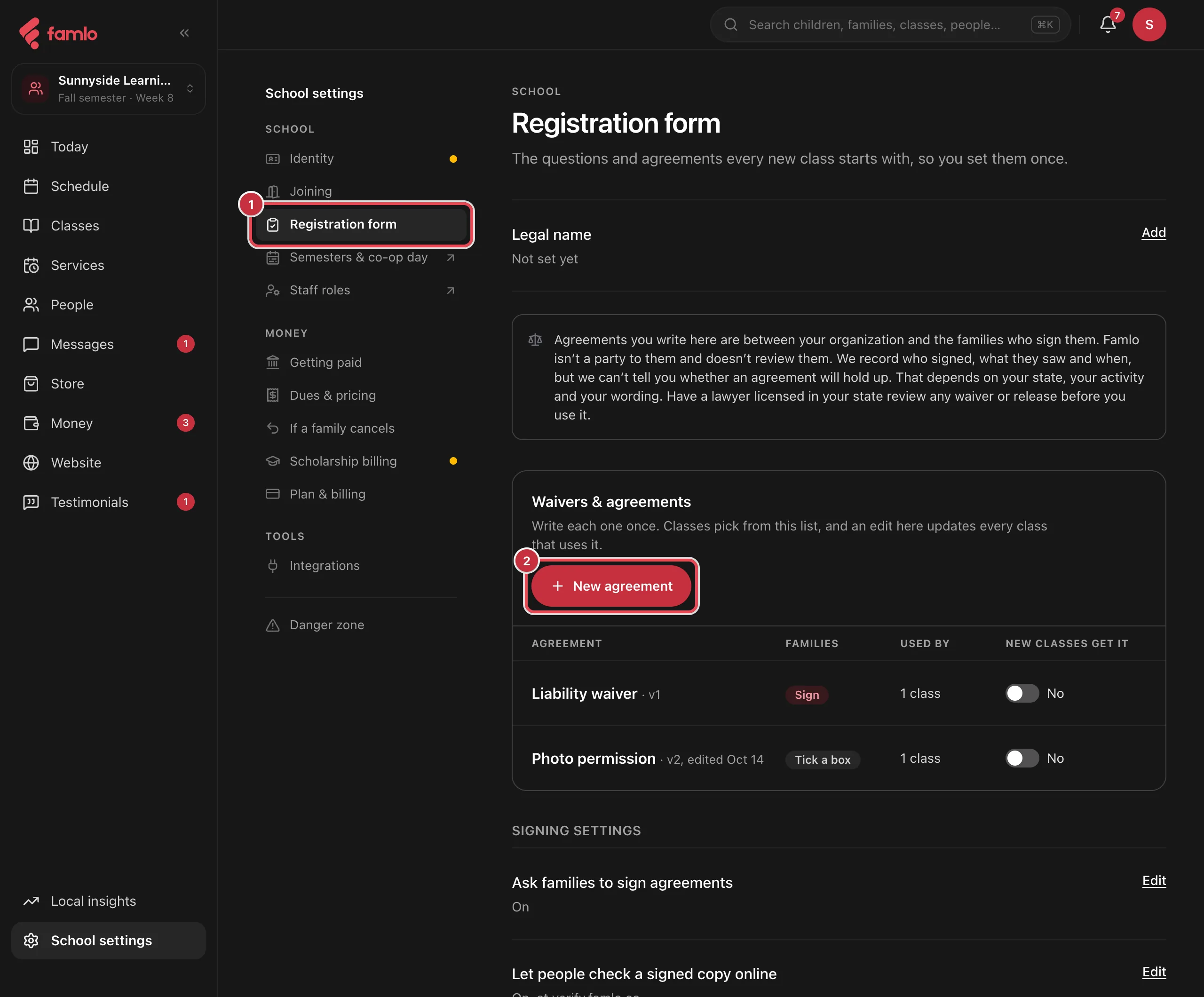 The Registration form page in School settings with the Waivers & agreements library listing a liability waiver and a photo permission, and Registration form and New agreement highlighted