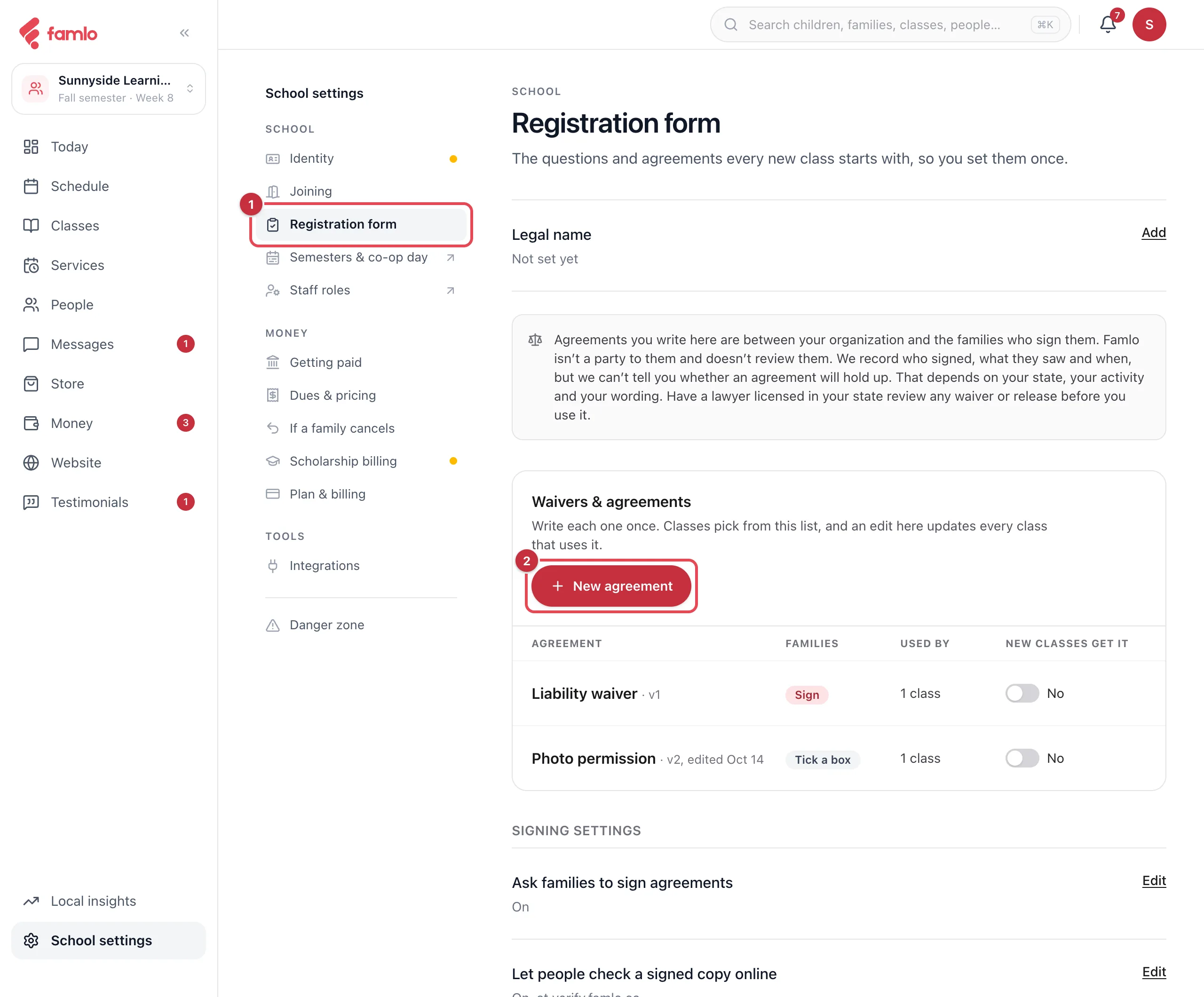 The Registration form page in School settings with the Waivers & agreements library listing a liability waiver and a photo permission, and Registration form and New agreement highlighted
