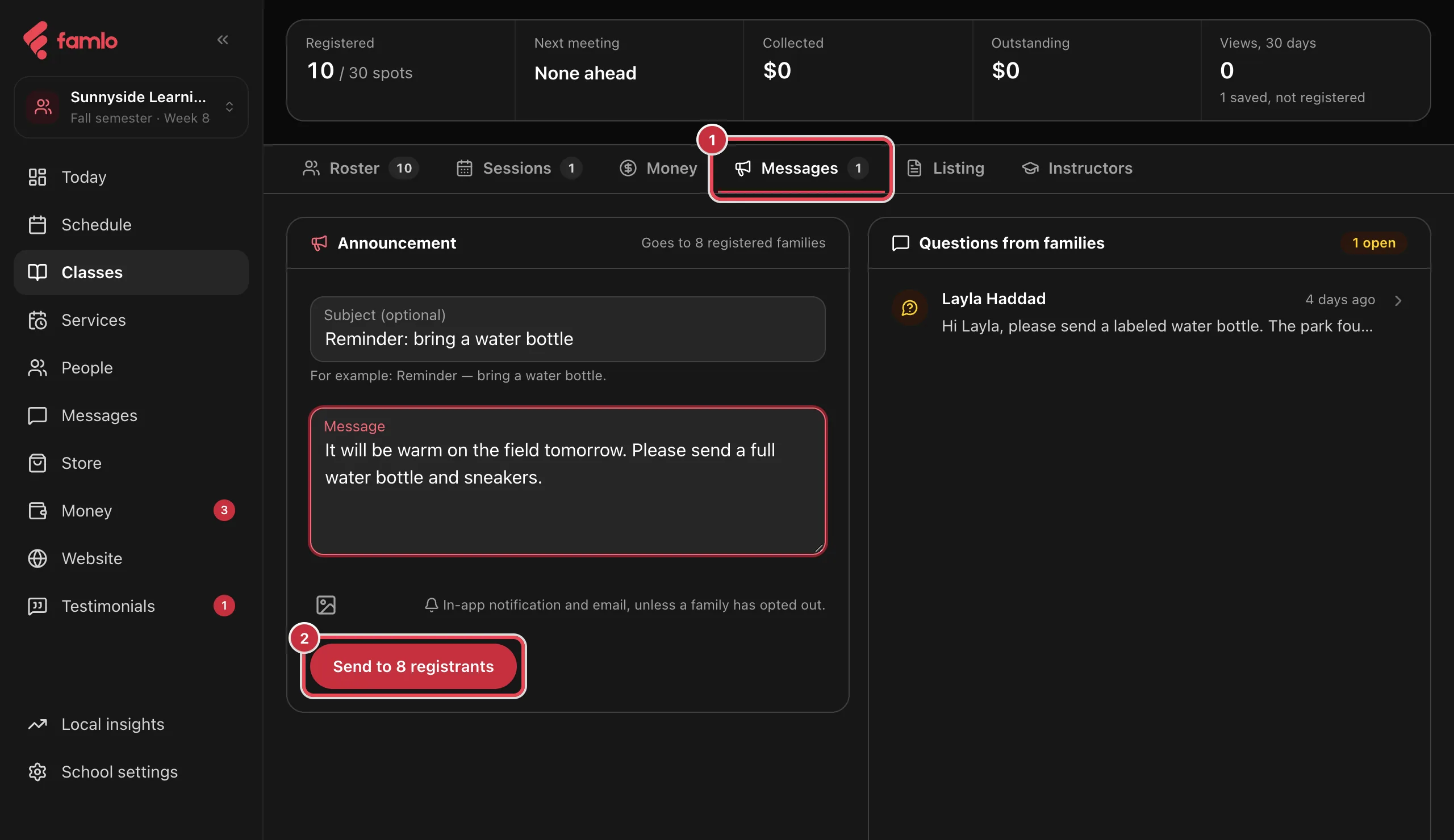 A class page on the Messages tab, with the Messages tab and the Send to 8 registrants button highlighted