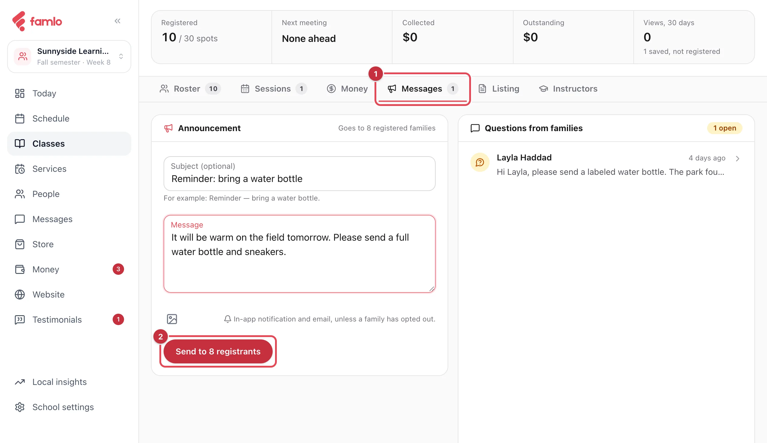 A class page on the Messages tab, with the Messages tab and the Send to 8 registrants button highlighted
