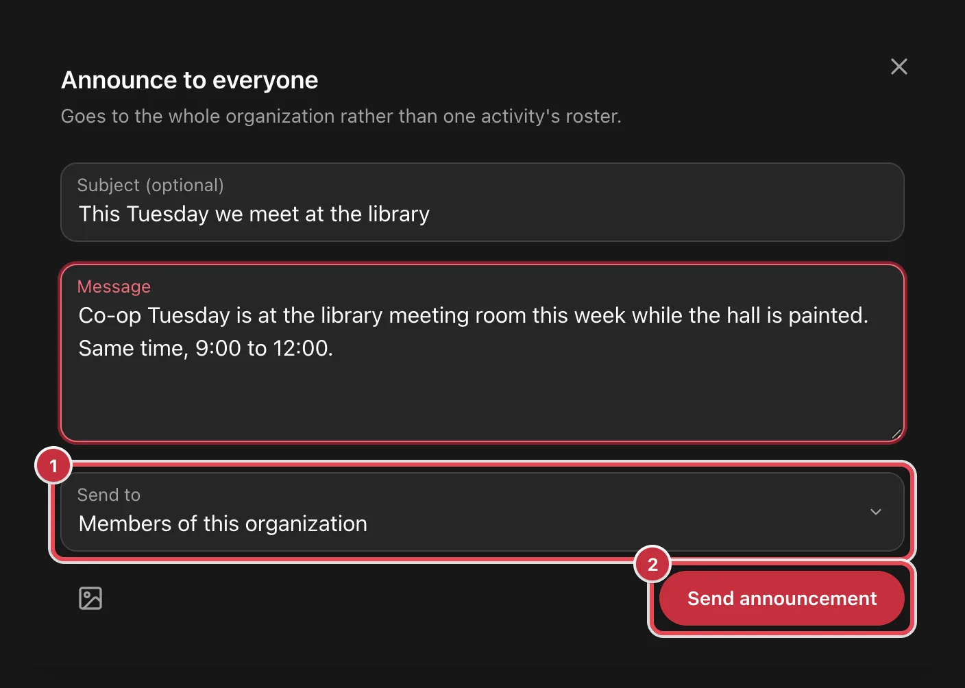 The Announce to everyone window with the Send to choice and the Send announcement button highlighted