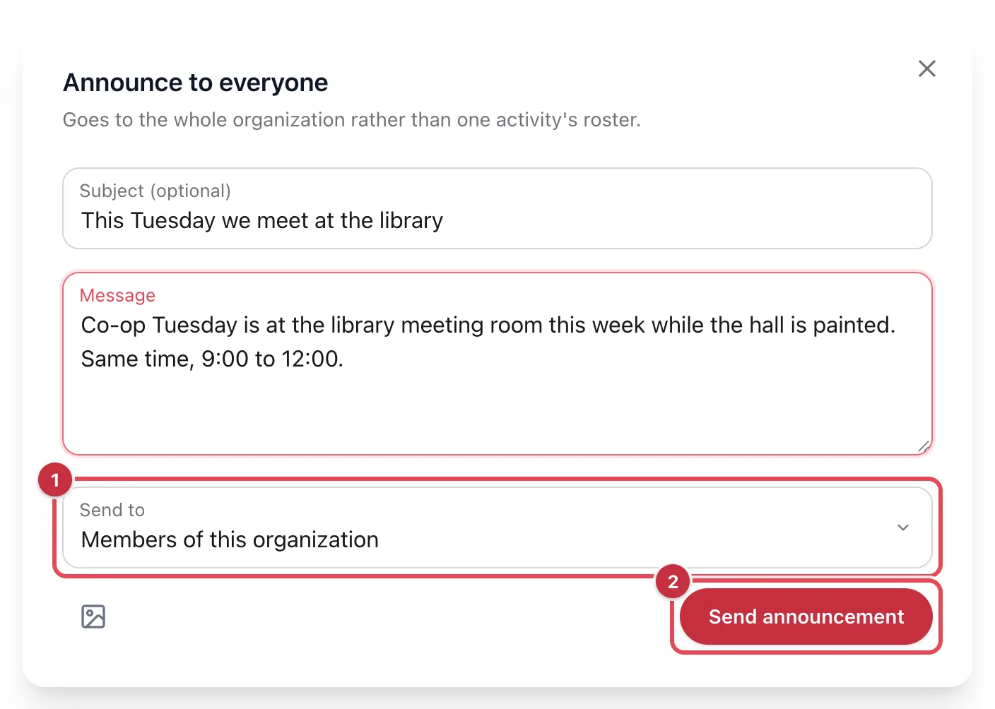 The Announce to everyone window with the Send to choice and the Send announcement button highlighted