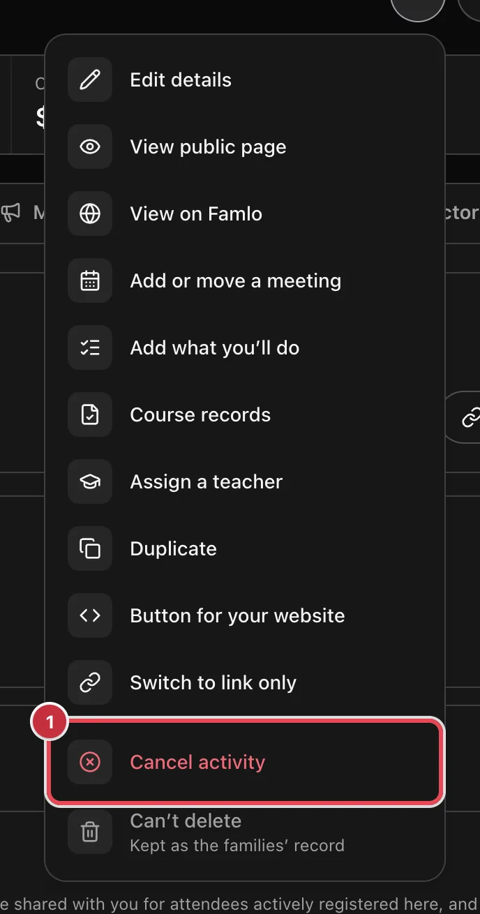 The ••• menu on a class page with Cancel activity highlighted, above the Can't delete row