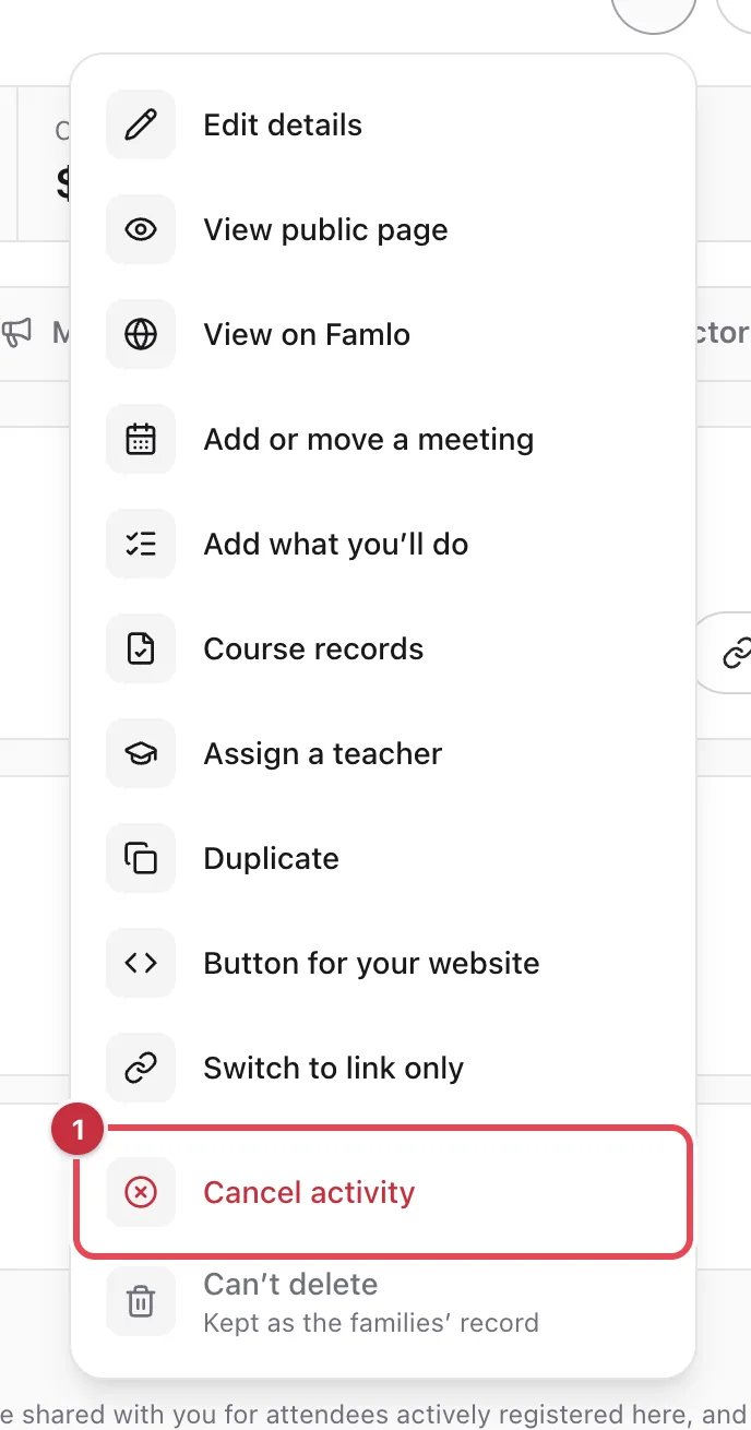 The ••• menu on a class page with Cancel activity highlighted, above the Can't delete row