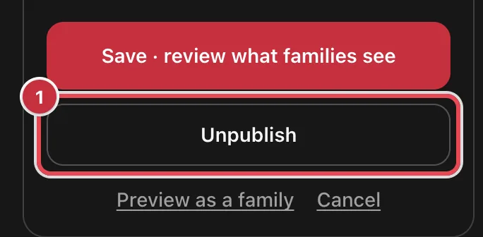 The class editor's buttons with Unpublish highlighted below Save