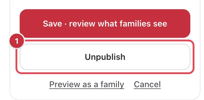 The class editor's buttons with Unpublish highlighted below Save