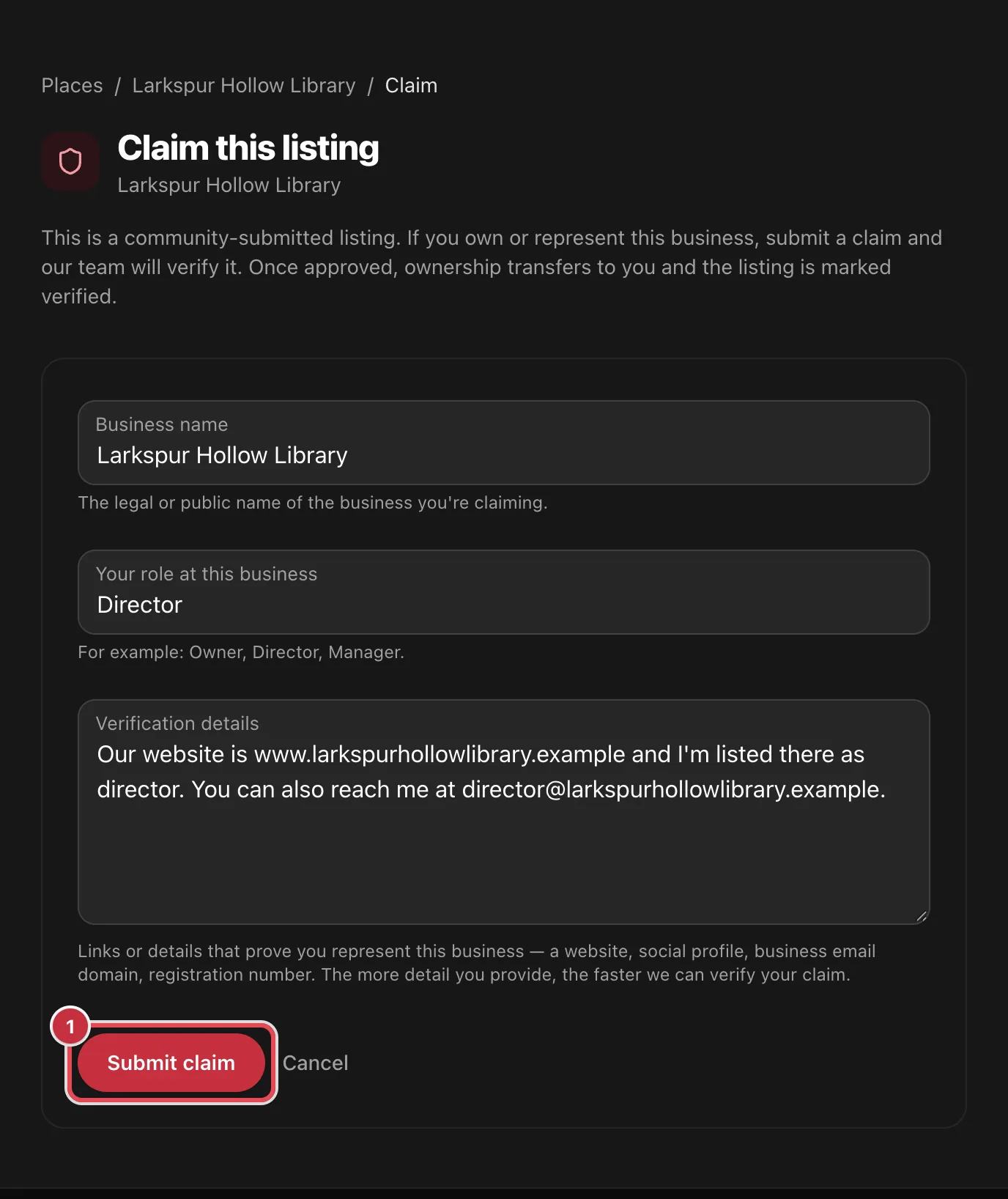 The Claim this listing form with Business name, Your role at this business and Verification details filled in, and Submit claim highlighted