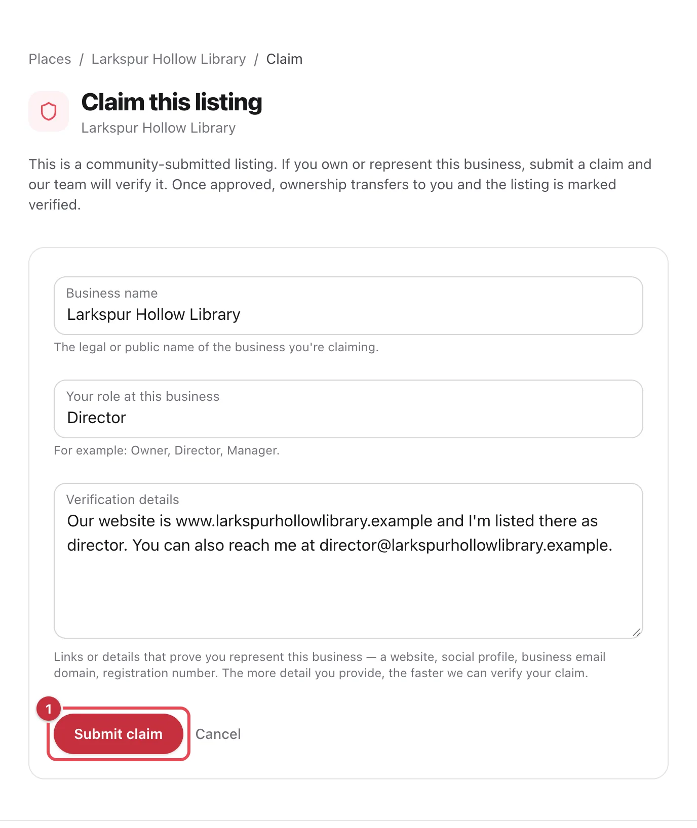 The Claim this listing form with Business name, Your role at this business and Verification details filled in, and Submit claim highlighted