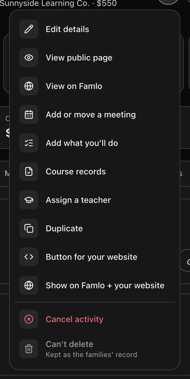 The ••• menu on a class page, from Edit details down to Cancel activity and Can't delete
