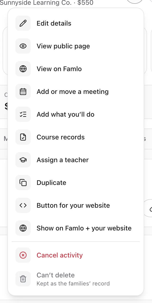 The ••• menu on a class page, from Edit details down to Cancel activity and Can't delete