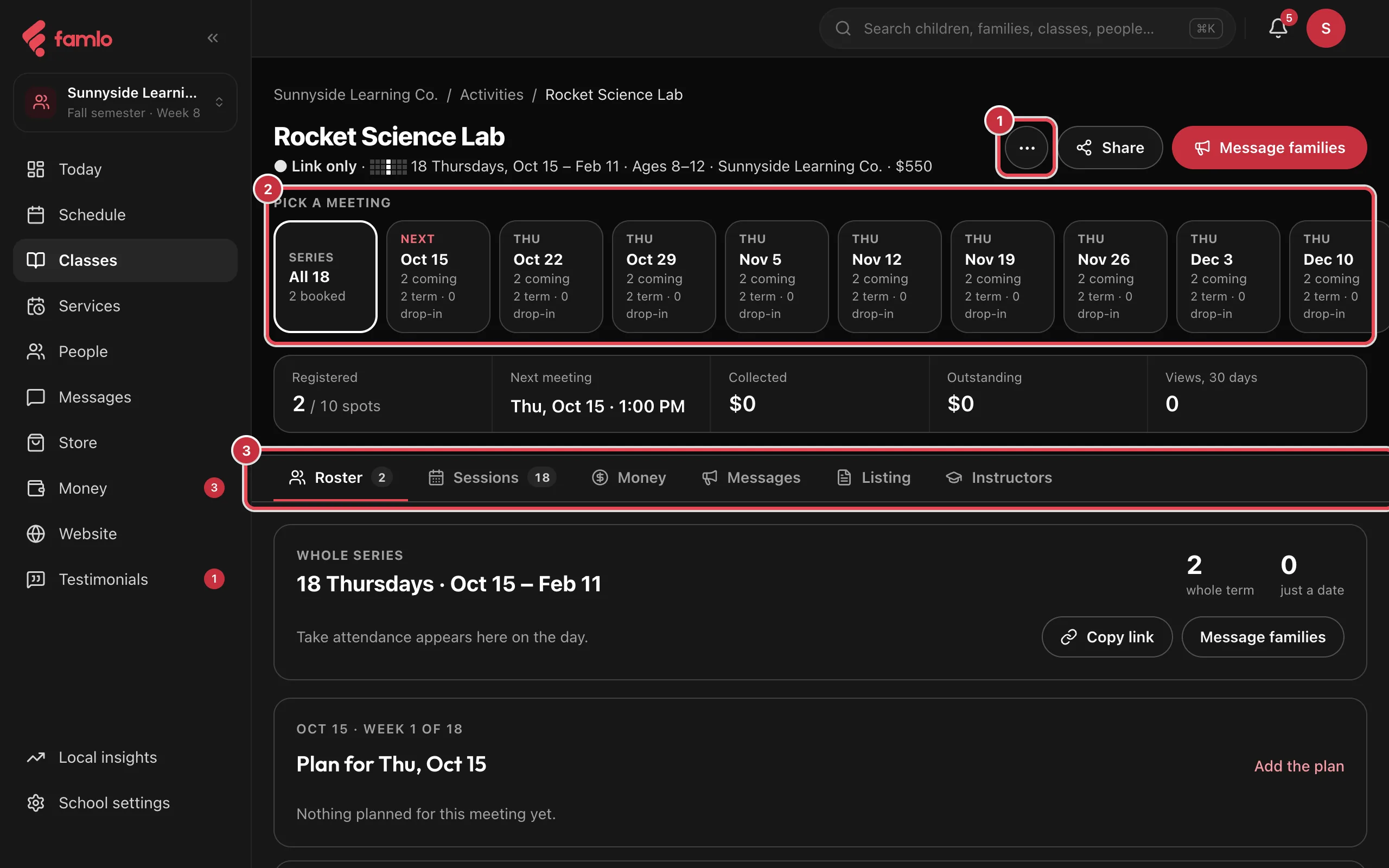 A class page with the ••• menu, the Pick a meeting strip and the tab bar highlighted