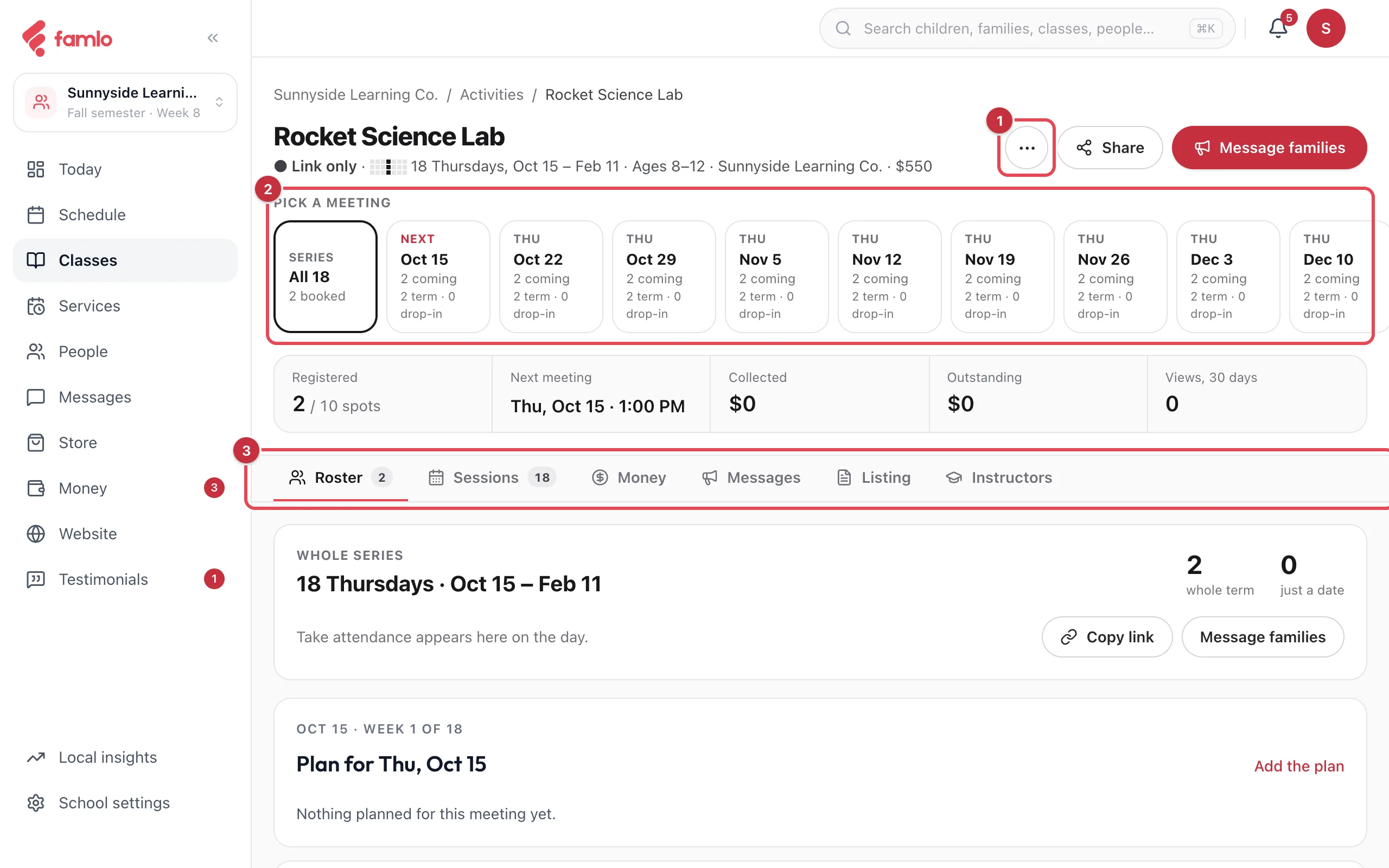 A class page with the ••• menu, the Pick a meeting strip and the tab bar highlighted