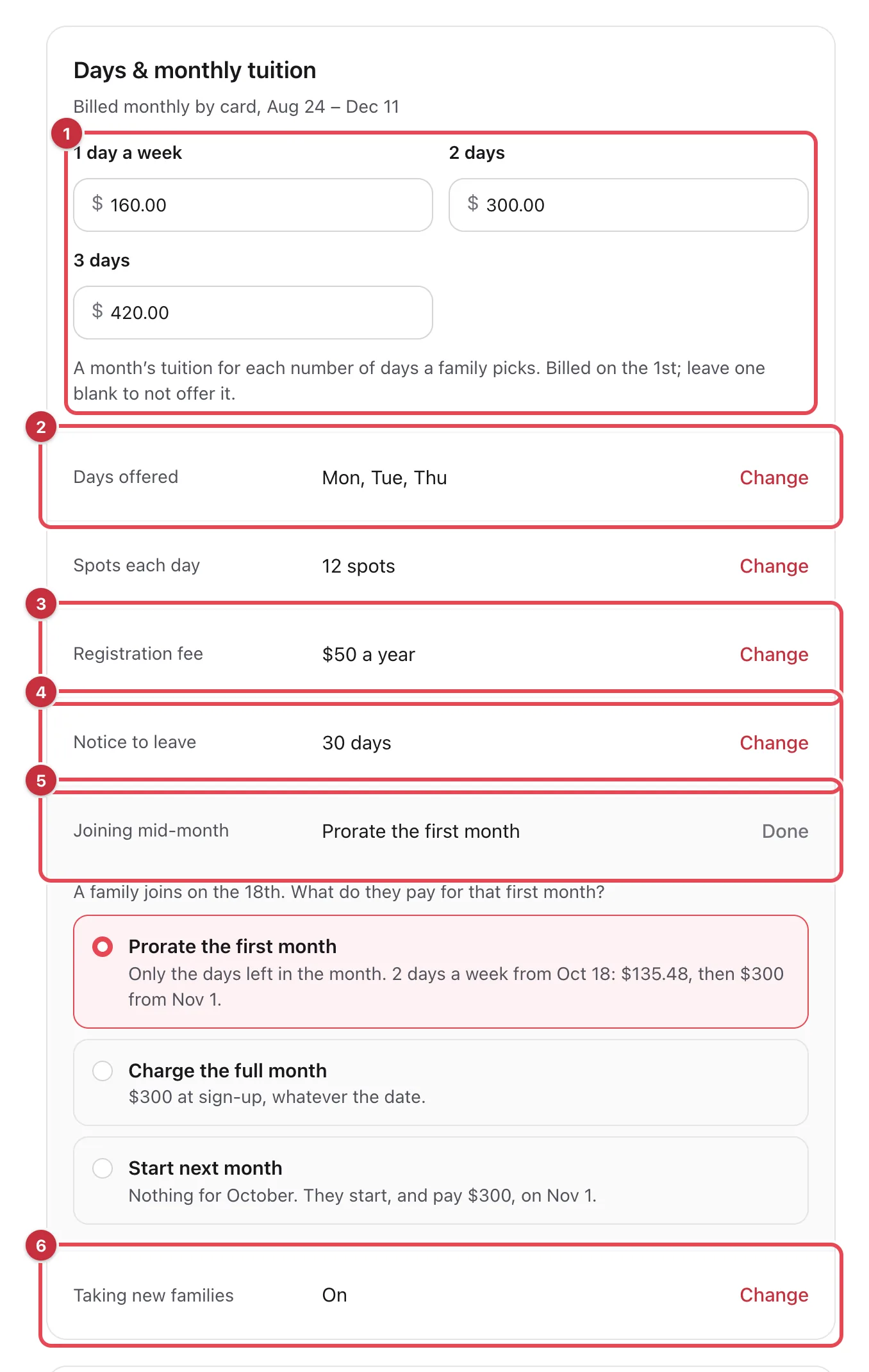 The Days & monthly tuition card in the class editor, with the monthly prices (1), Days offered (2), Registration fee (3), Notice to leave (4), Joining mid-month opened to its three choices (5) and Taking new families (6) numbered