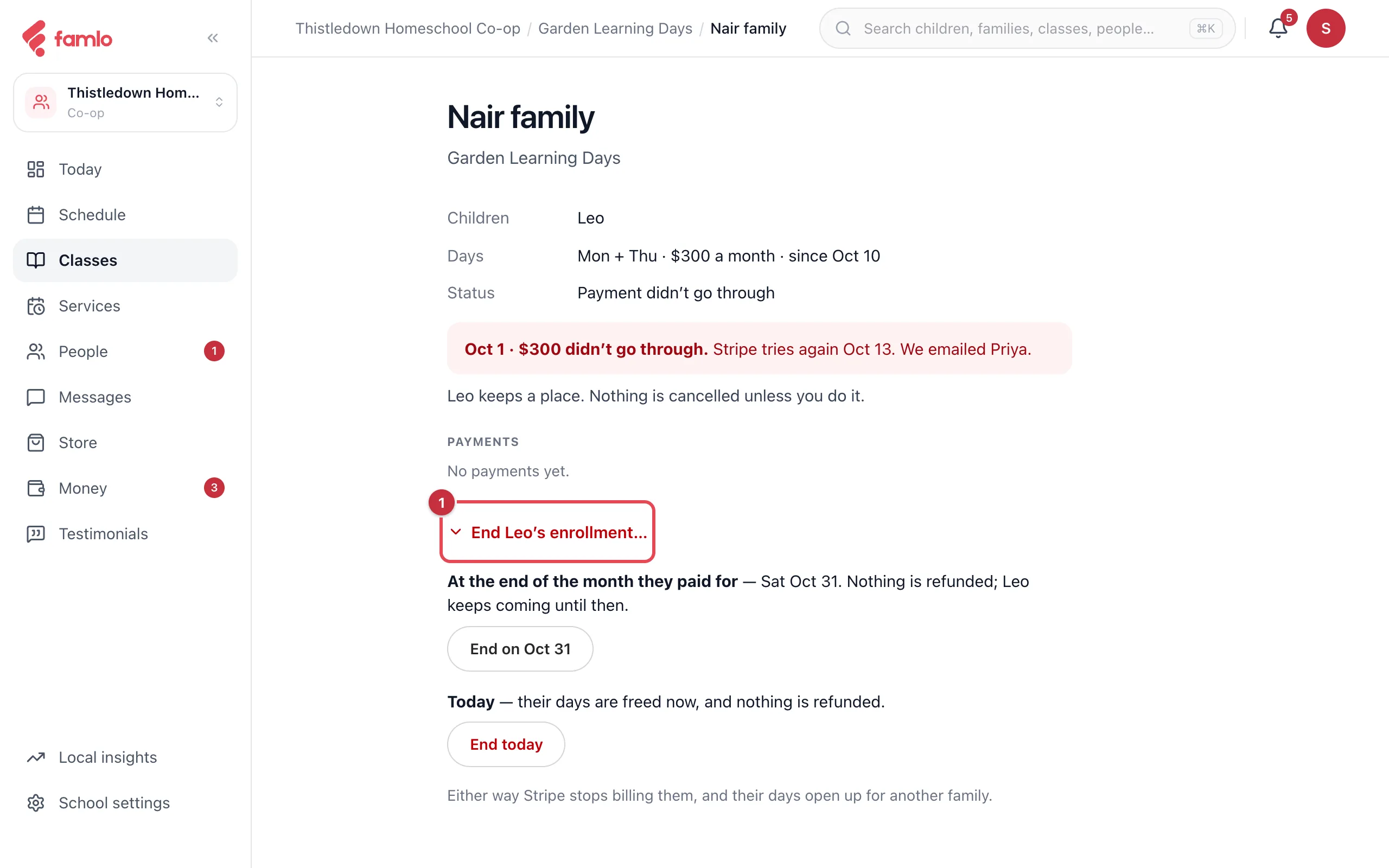 A family's details on a program, with a payment that didn't go through and End Leo's enrollment (1) opened to its two choices, End on Oct 31 and End today