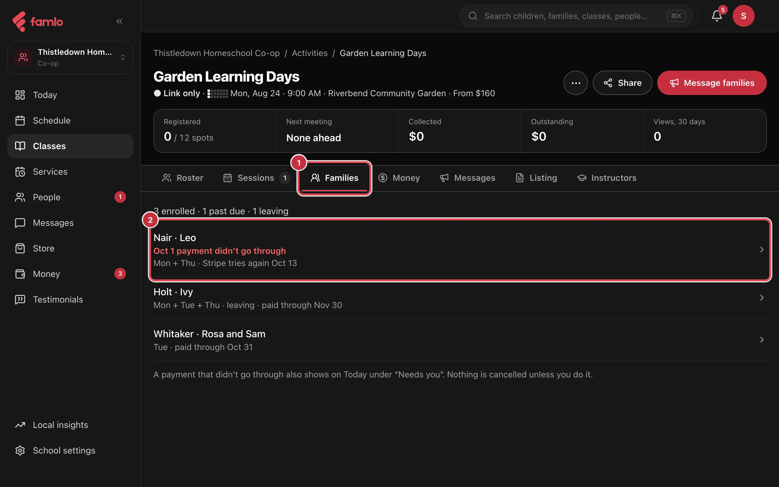 A program's class page with the Families tab (1) selected, showing 3 enrolled, 1 past due and 1 leaving, and a family whose payment didn't go through (2) at the top of the list