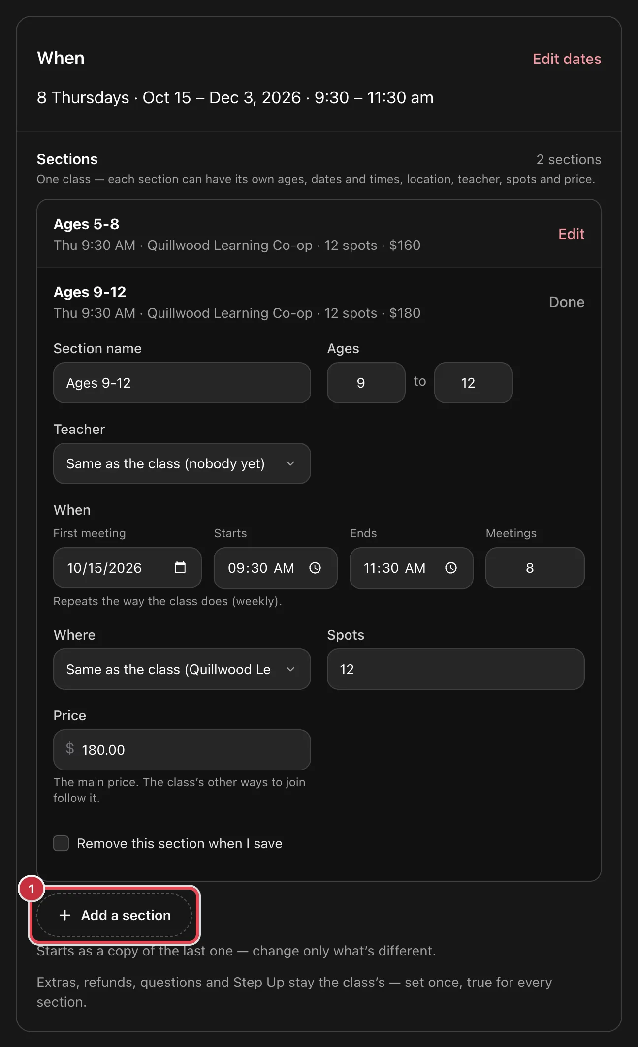 The When card in the class editor, with two sections, one opened to its fields, and Add a section highlighted