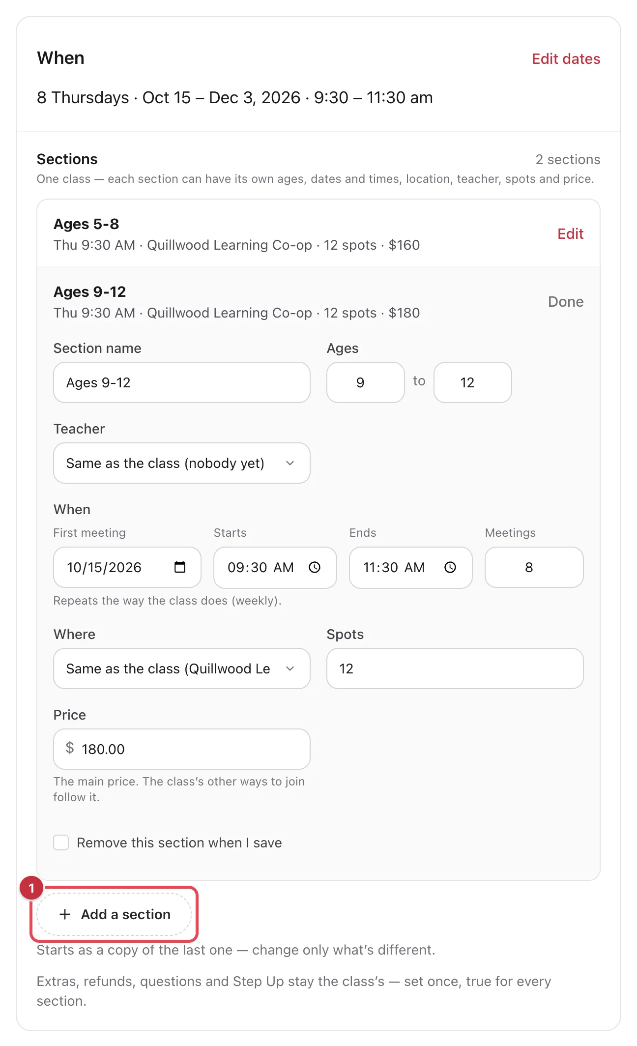 The When card in the class editor, with two sections, one opened to its fields, and Add a section highlighted