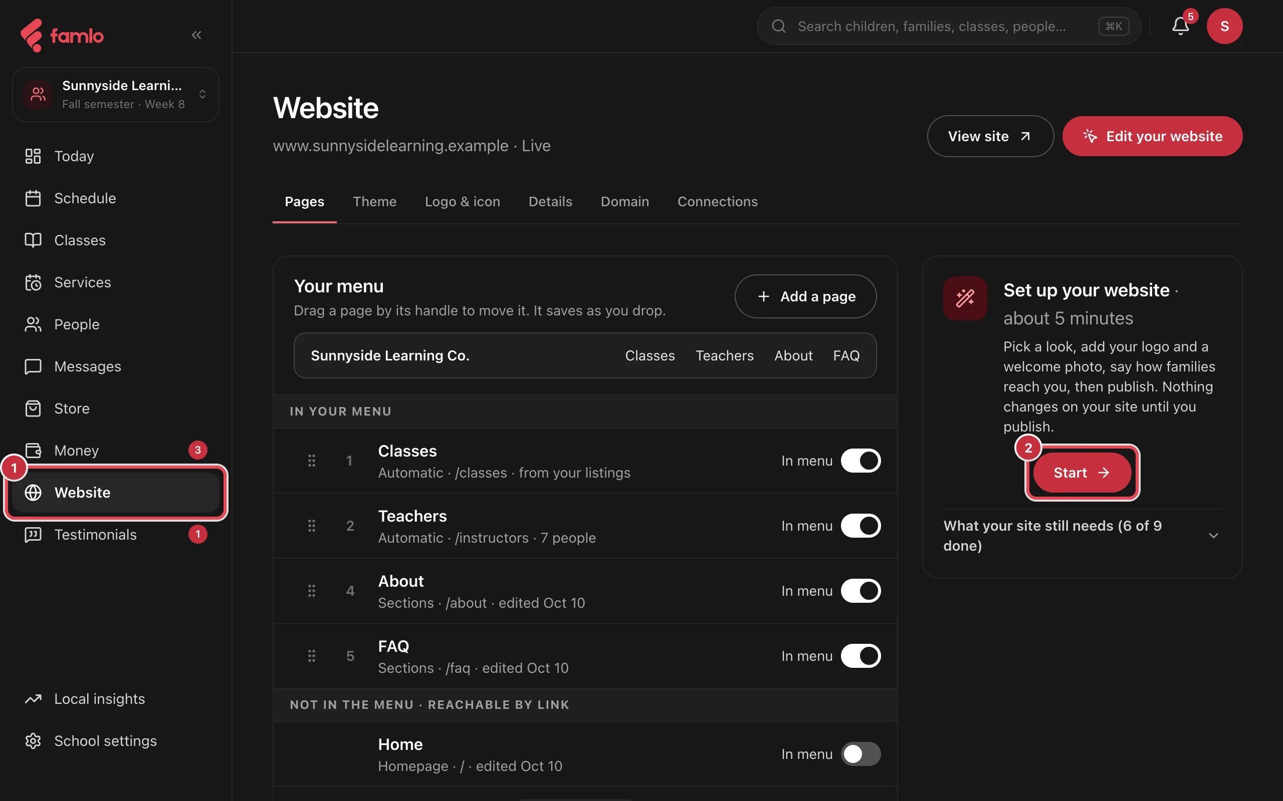 The Website place in the console, with Website in the left rail as 1 and the Start button on the Set up your website card as 2