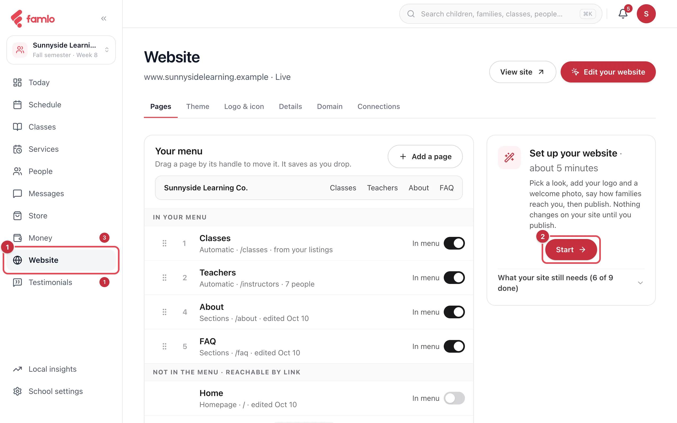 The Website place in the console, with Website in the left rail as 1 and the Start button on the Set up your website card as 2
