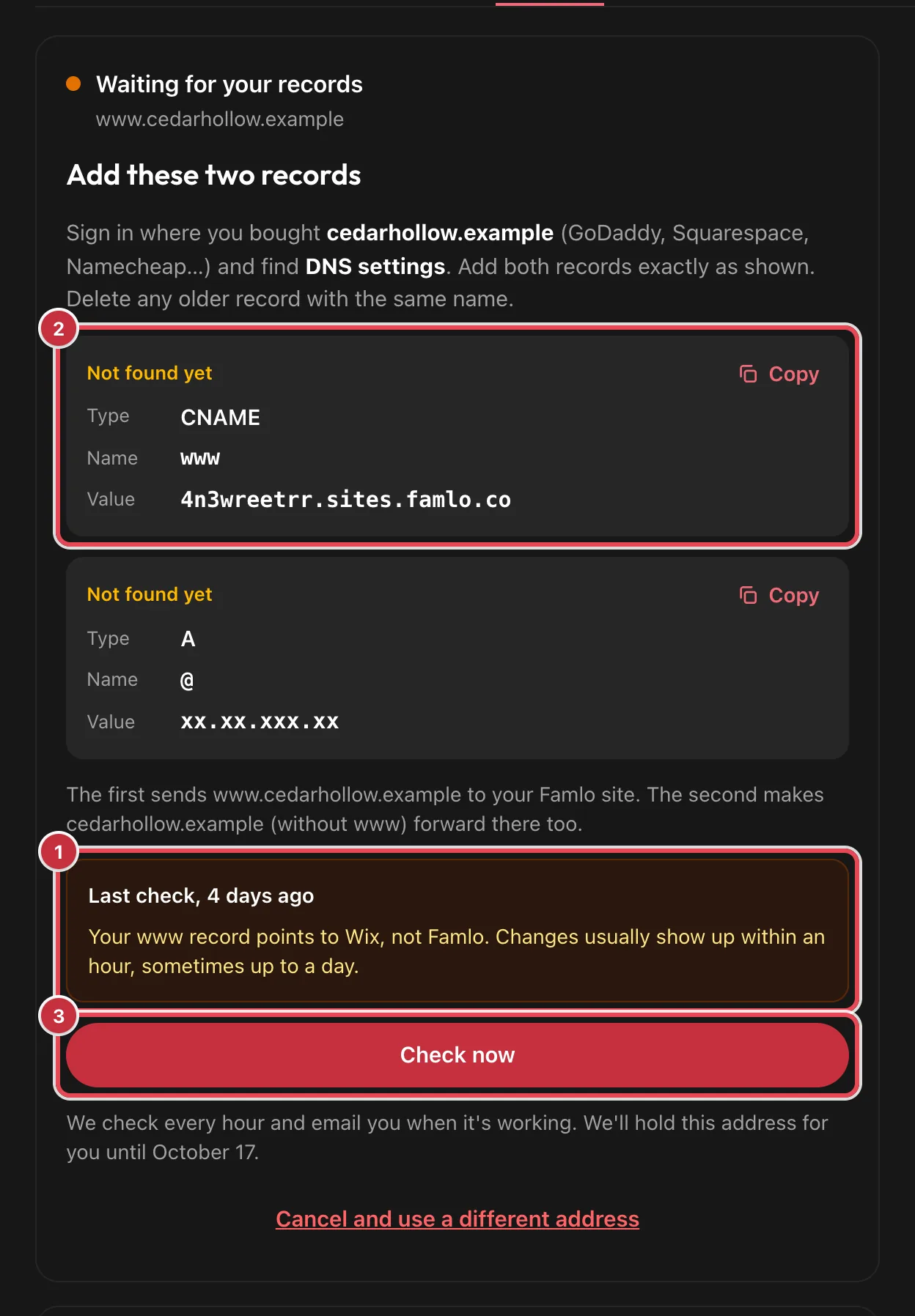 Website, Domain tab, Waiting for your records: the Last check box saying Your www record points to Wix, not Famlo as 1, the CNAME record with Name www as 2, and the Check now button as 3