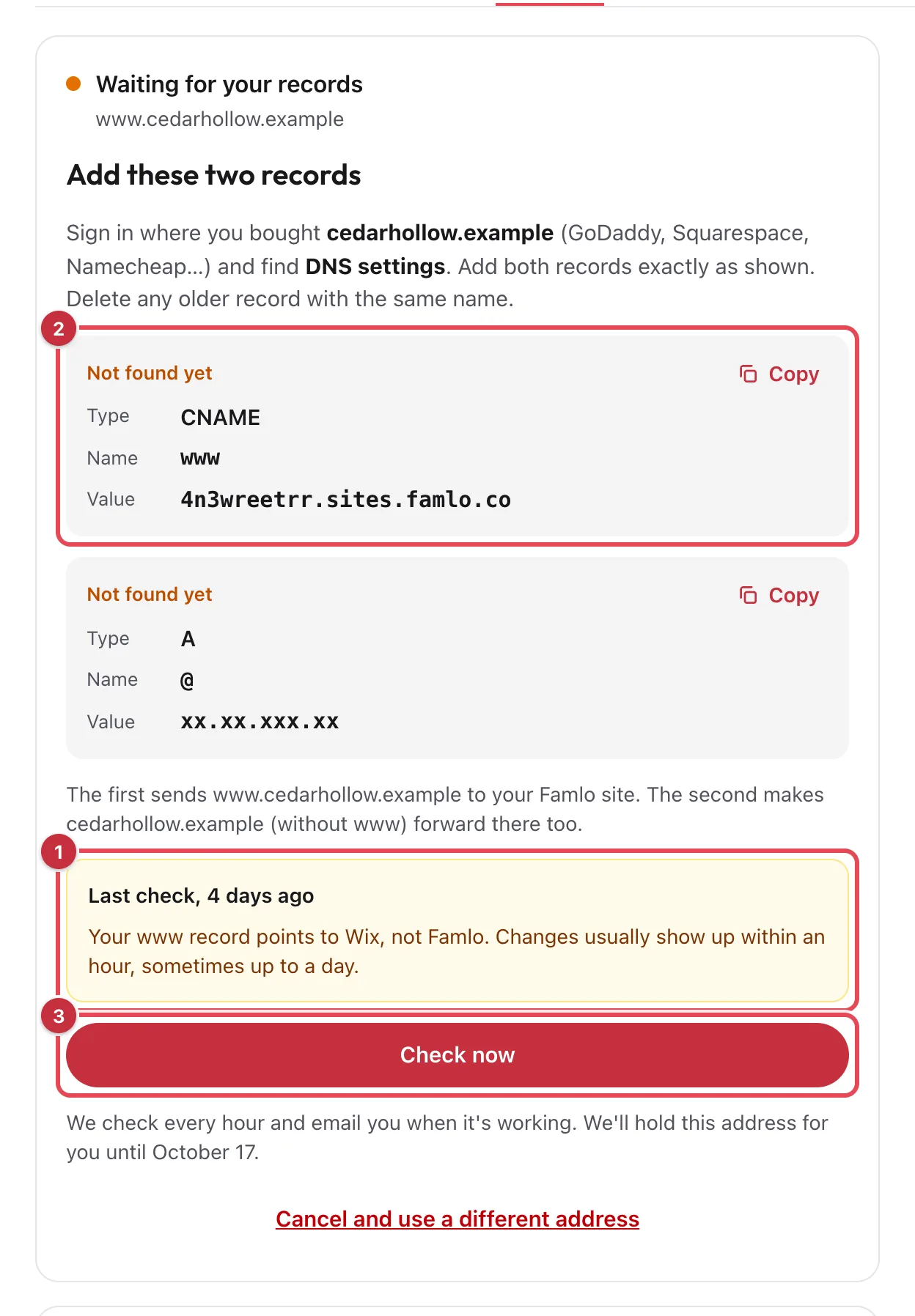 Website, Domain tab, Waiting for your records: the Last check box saying Your www record points to Wix, not Famlo as 1, the CNAME record with Name www as 2, and the Check now button as 3