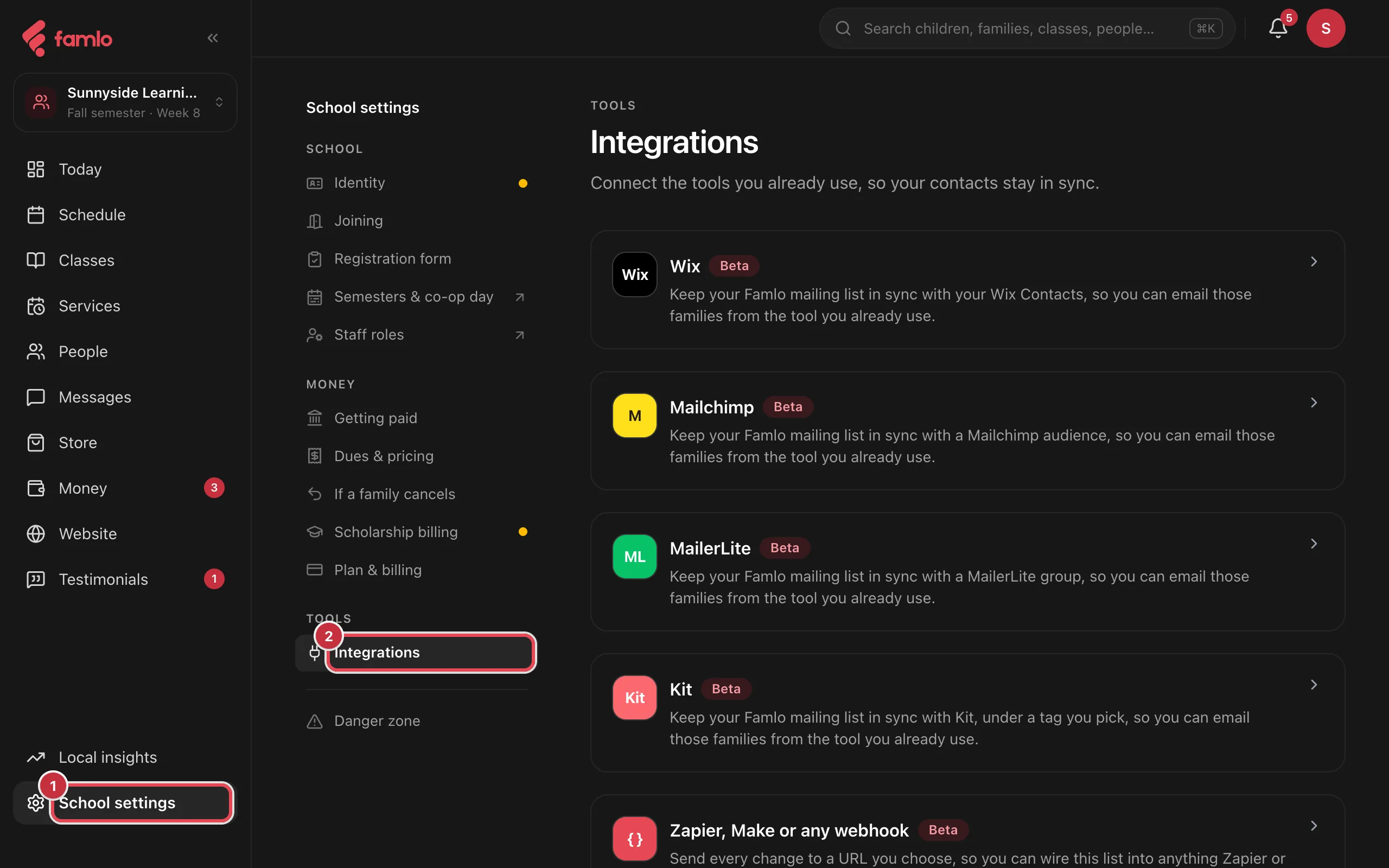 School settings with Integrations highlighted, showing the Wix, Mailchimp, MailerLite, Kit and Zapier, Make or any webhook cards, each marked Beta