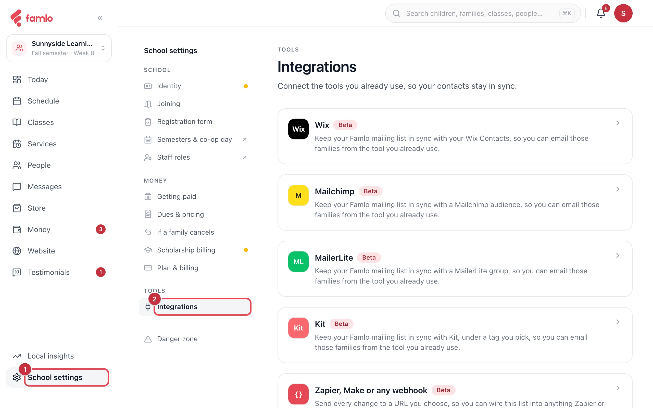 School settings with Integrations highlighted, showing the Wix, Mailchimp, MailerLite, Kit and Zapier, Make or any webhook cards, each marked Beta