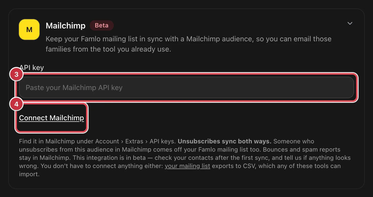 The Mailchimp card opened, with the API key field and Connect Mailchimp highlighted