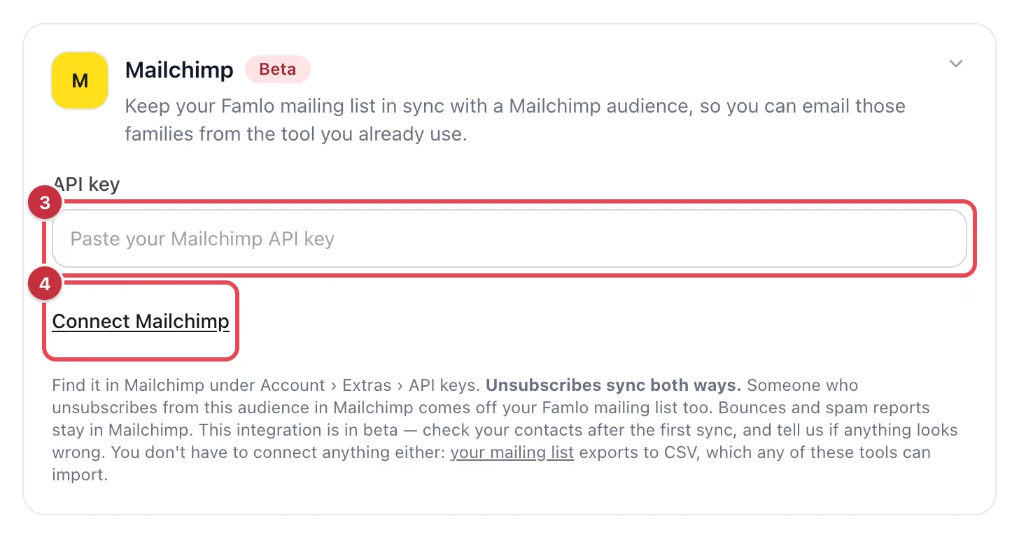 The Mailchimp card opened, with the API key field and Connect Mailchimp highlighted