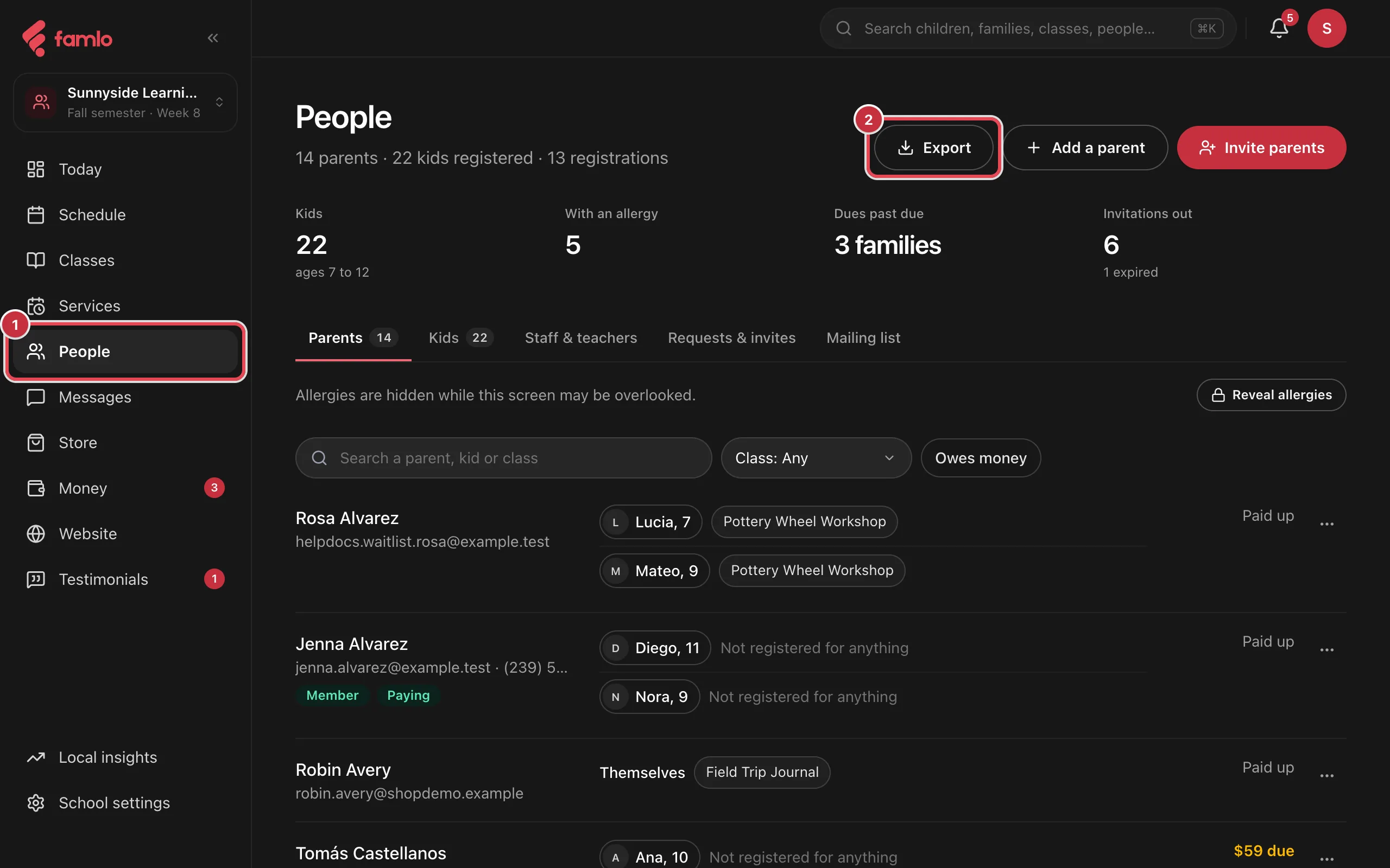 The People page with People in the console menu marked 1 and the Export button marked 2