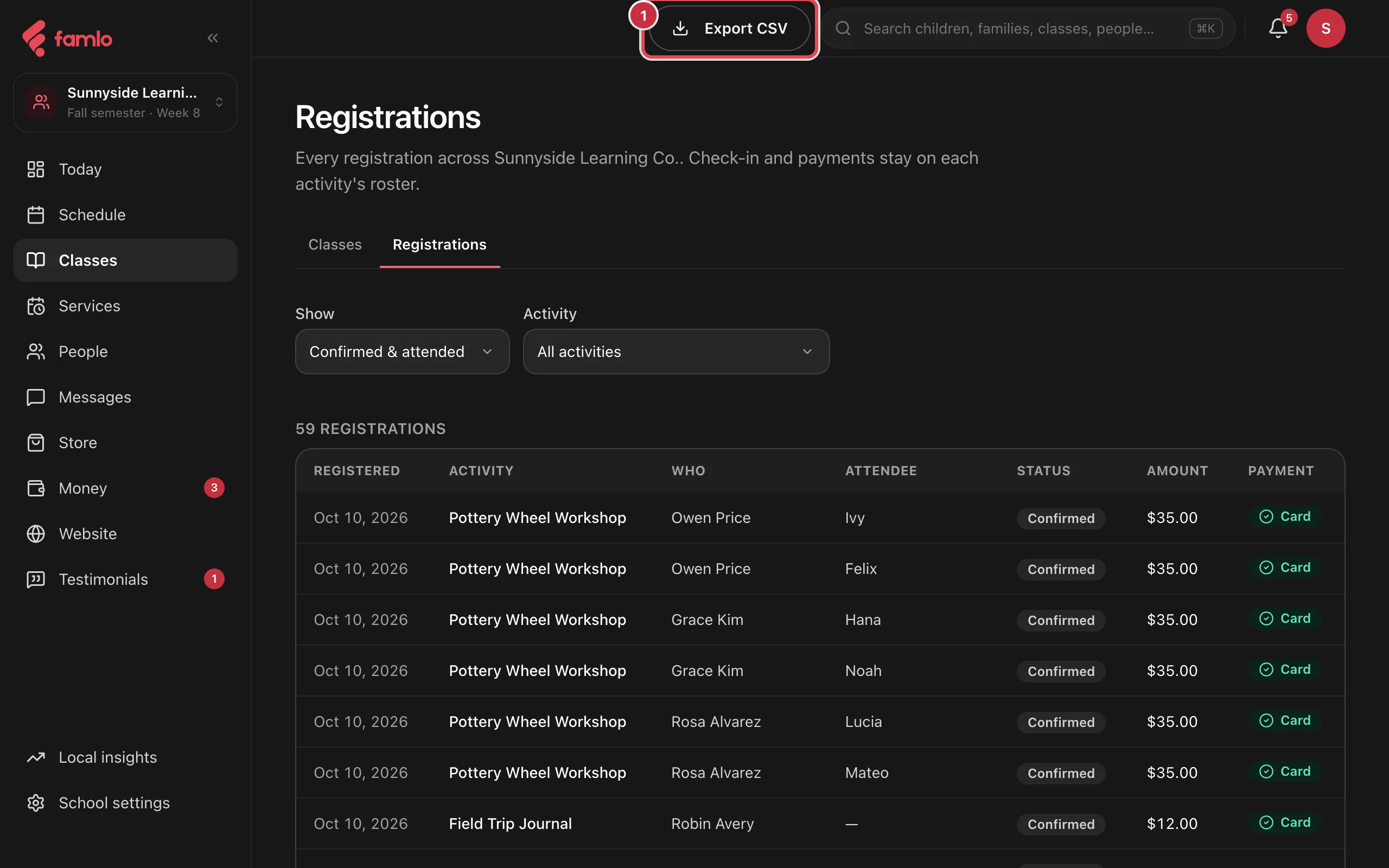 The Registrations page with the Show and Activity filters and the Export CSV button marked 1