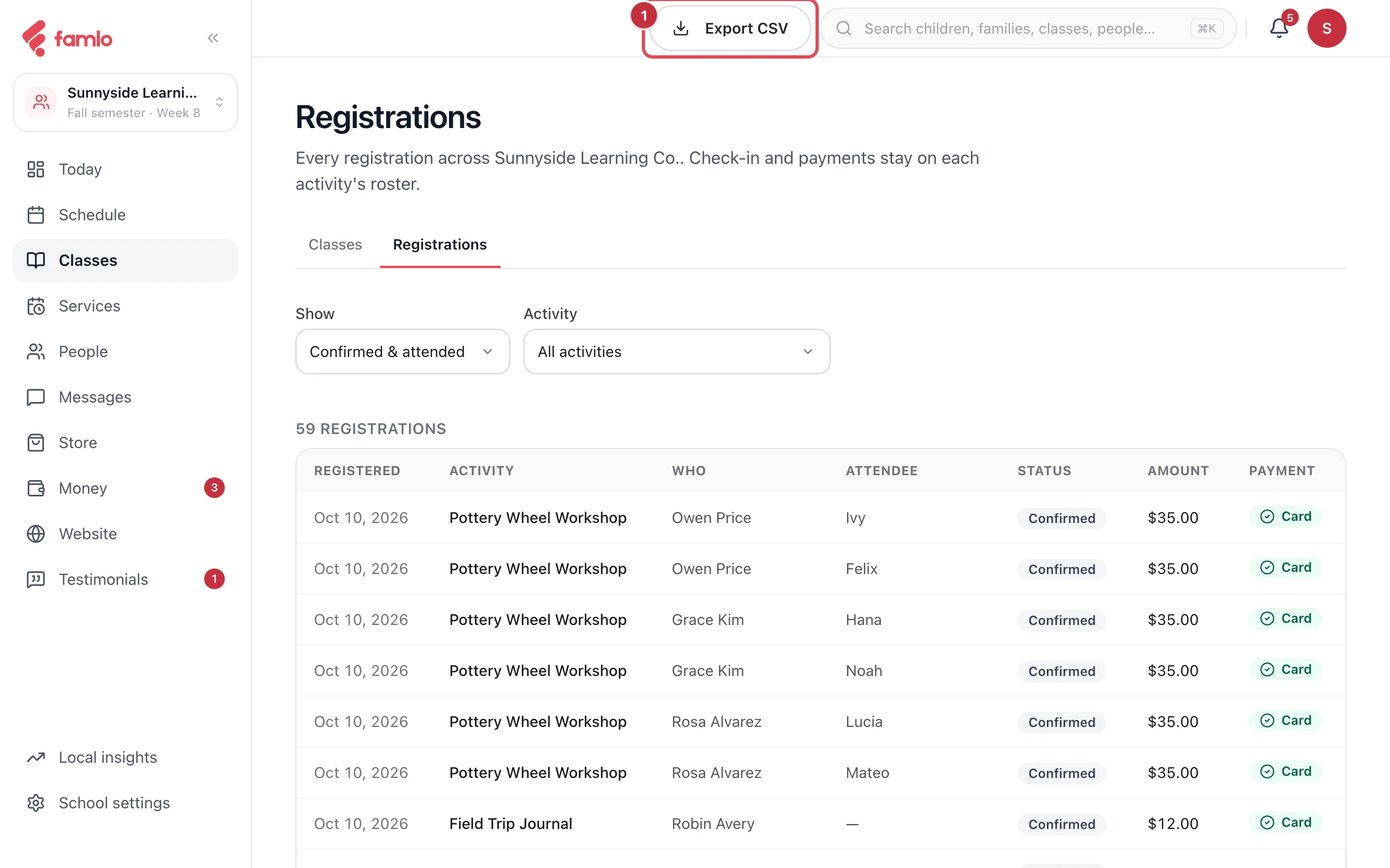 The Registrations page with the Show and Activity filters and the Export CSV button marked 1