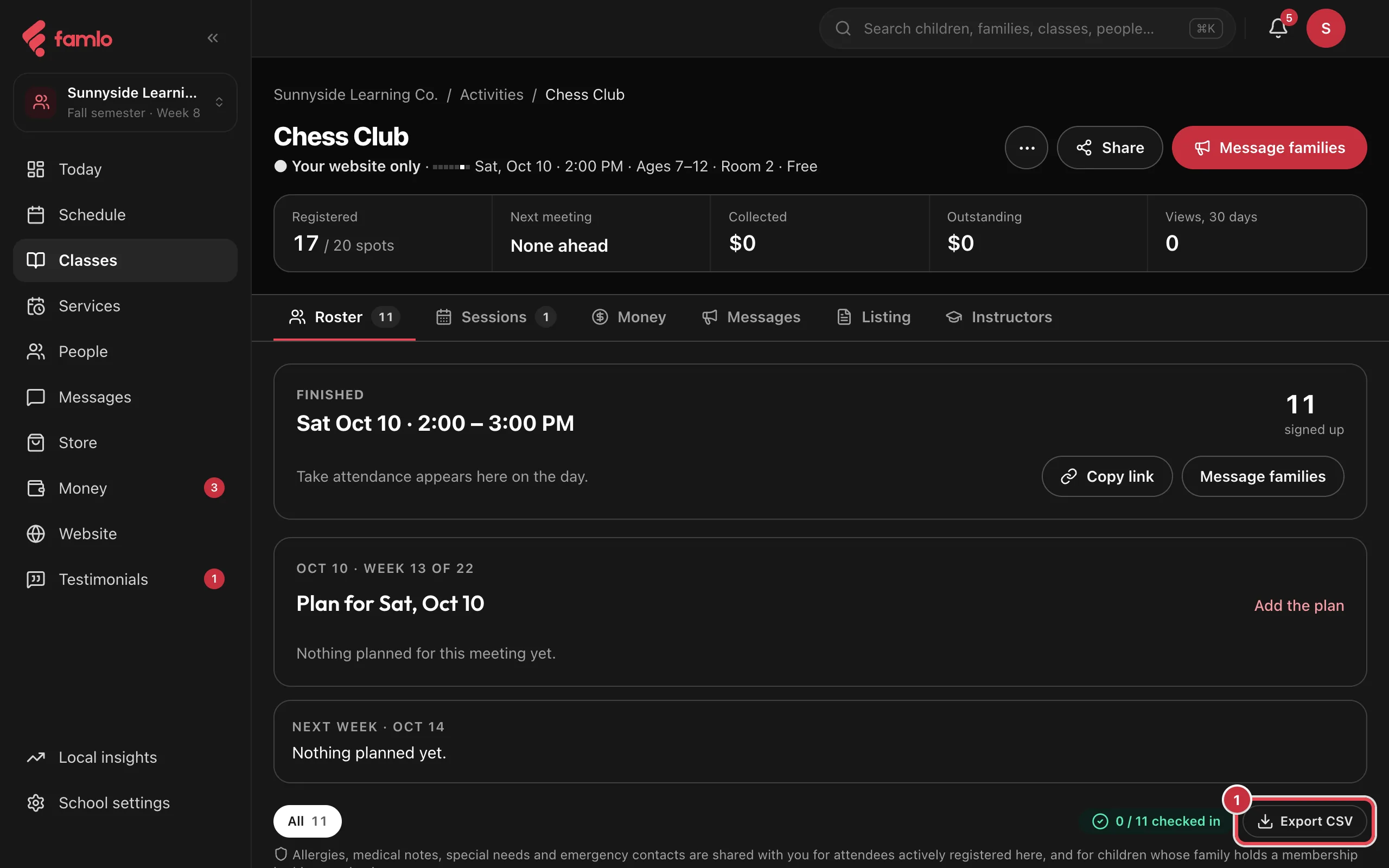 A class page on the Roster tab with the Export CSV button marked 1